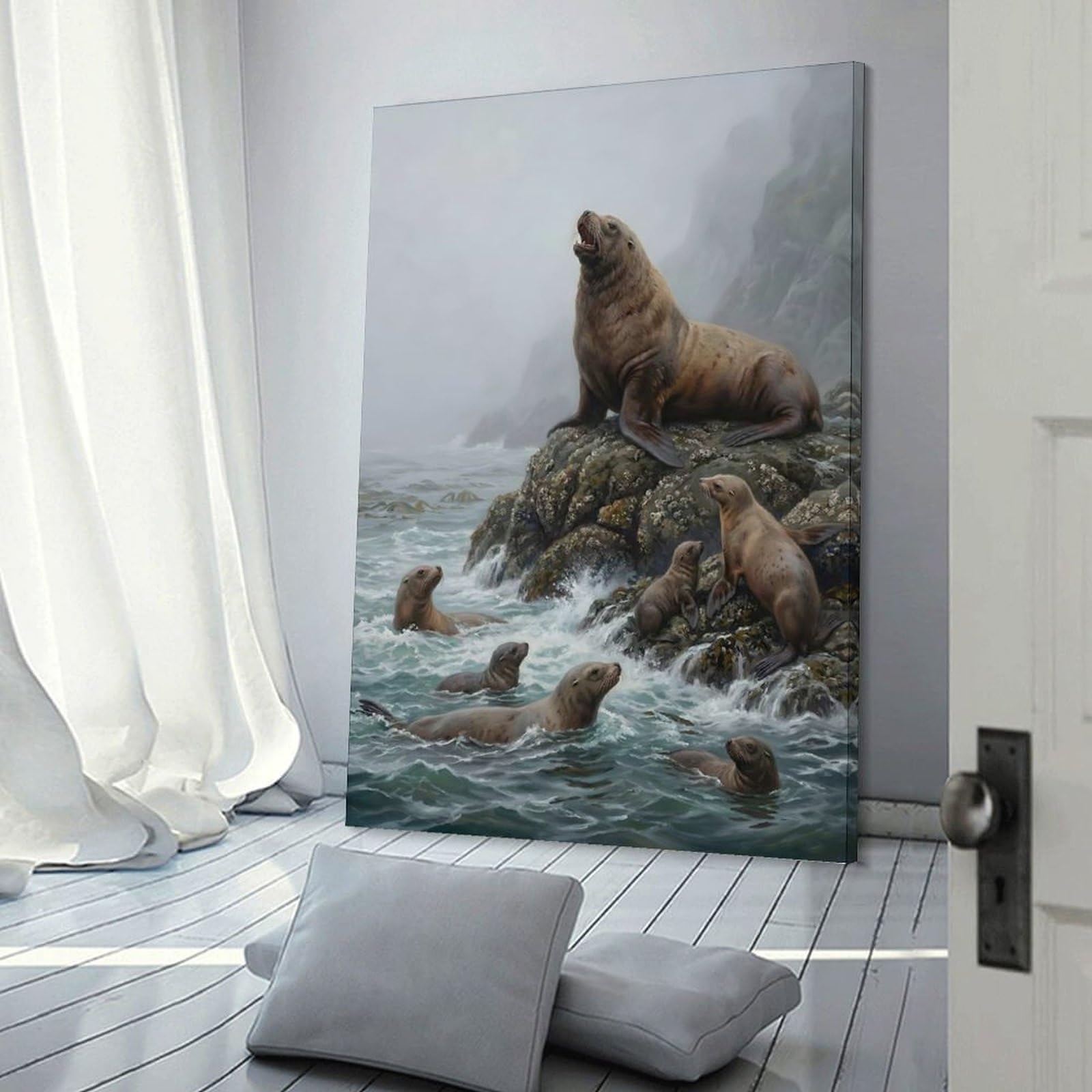 Junmoney Canvas Art Print Sea Lions on Rocky Coast Painting, 20x30inch(50x75cm), for Office, Study Or Home Workspace, Decorative Artwork for Productive Spaces