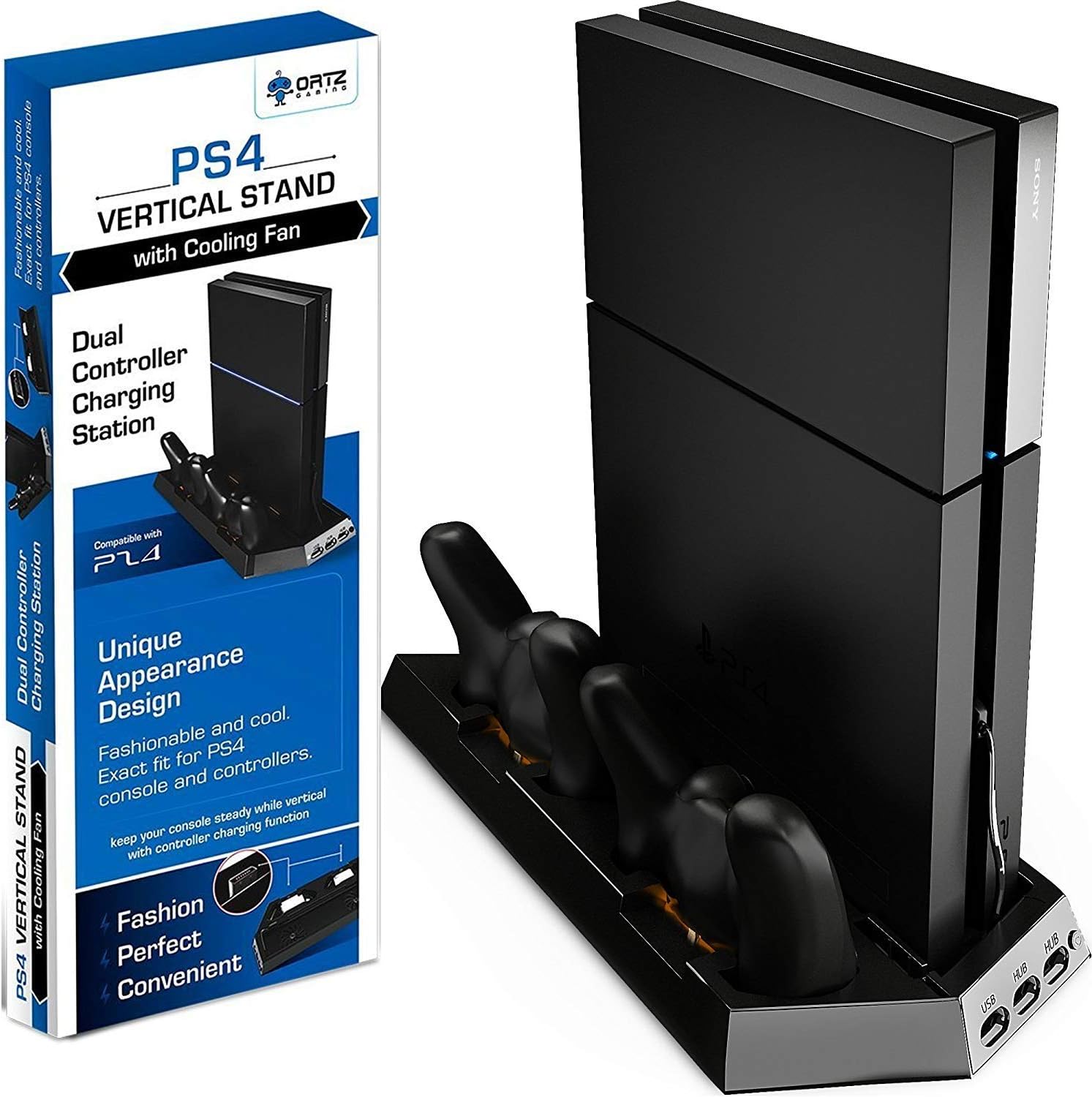 Ortz PS4 Vertical Stand with Cooling Fan - Controller Charging Station with Dual Charger OPEN BOX