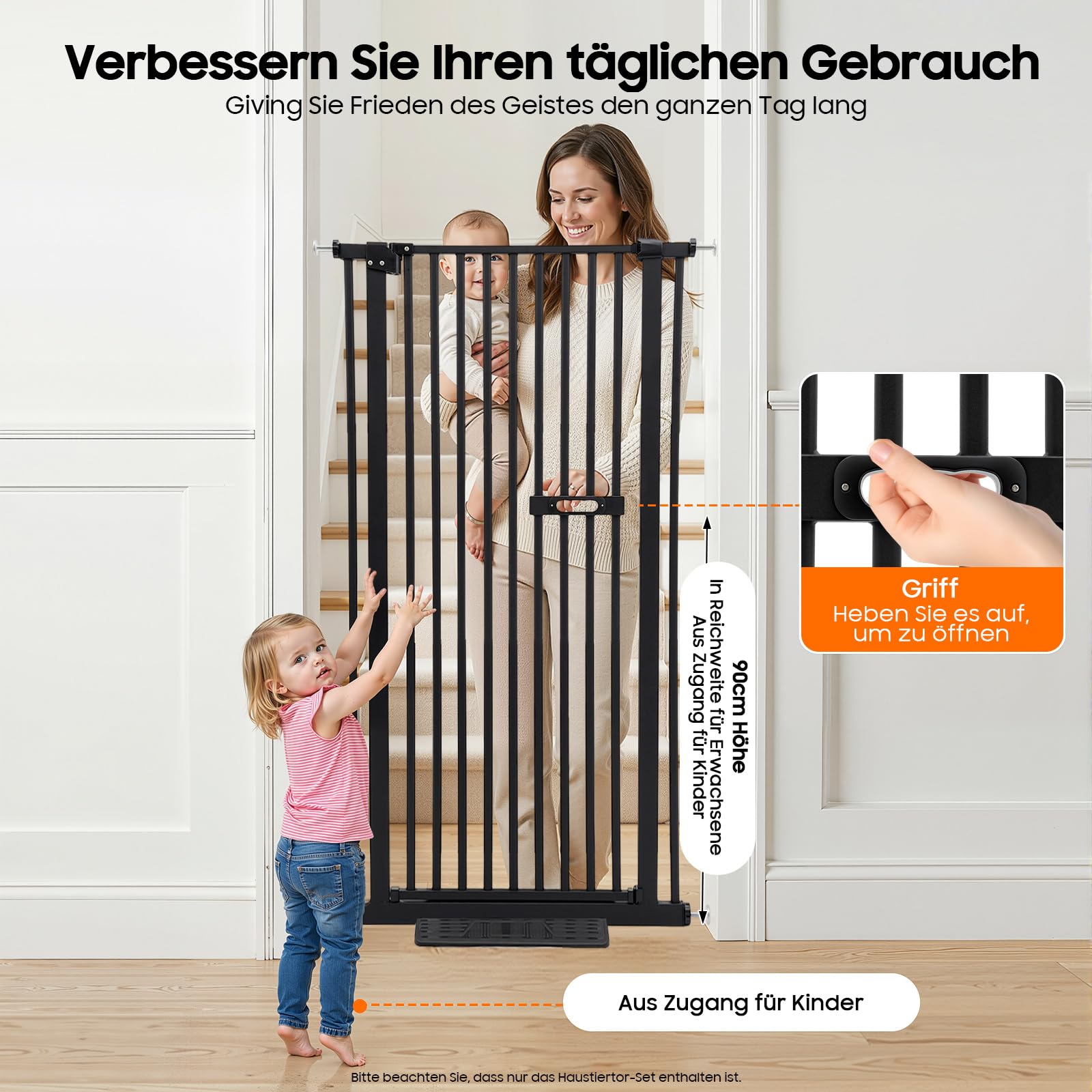 Barrera de seguridad para escaleras, sin agujeros, 150 cm, para niños, para perros, con cierre automático, ajustable, 76-85 cm, color negro
