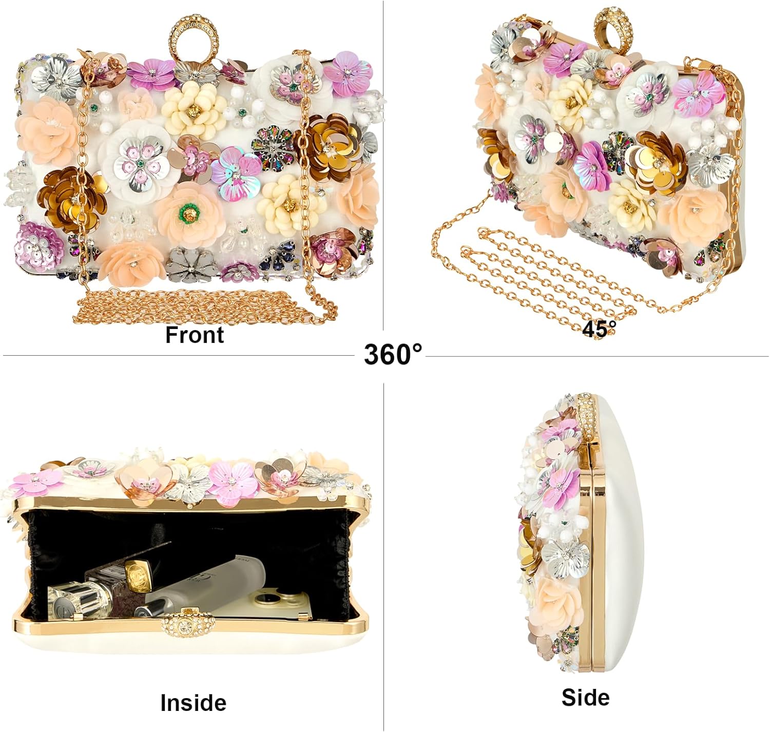 Women's Floral Evening Handbags Colorful Rhinestone Flower Clutch Purses Floral Bride Wedding Handbag Long Chain Shoulder Bag