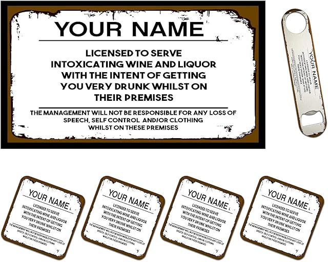 Personalised Bar Runner Mat, Matching Bottle Opener & 4 x Drinks Coasters Gift Set - Beer Gifts Home Bar Accessories for Pub Bars Man Cave Him Her - BAR-RUN-SET-110 - ADD ANY NAME/TEXT