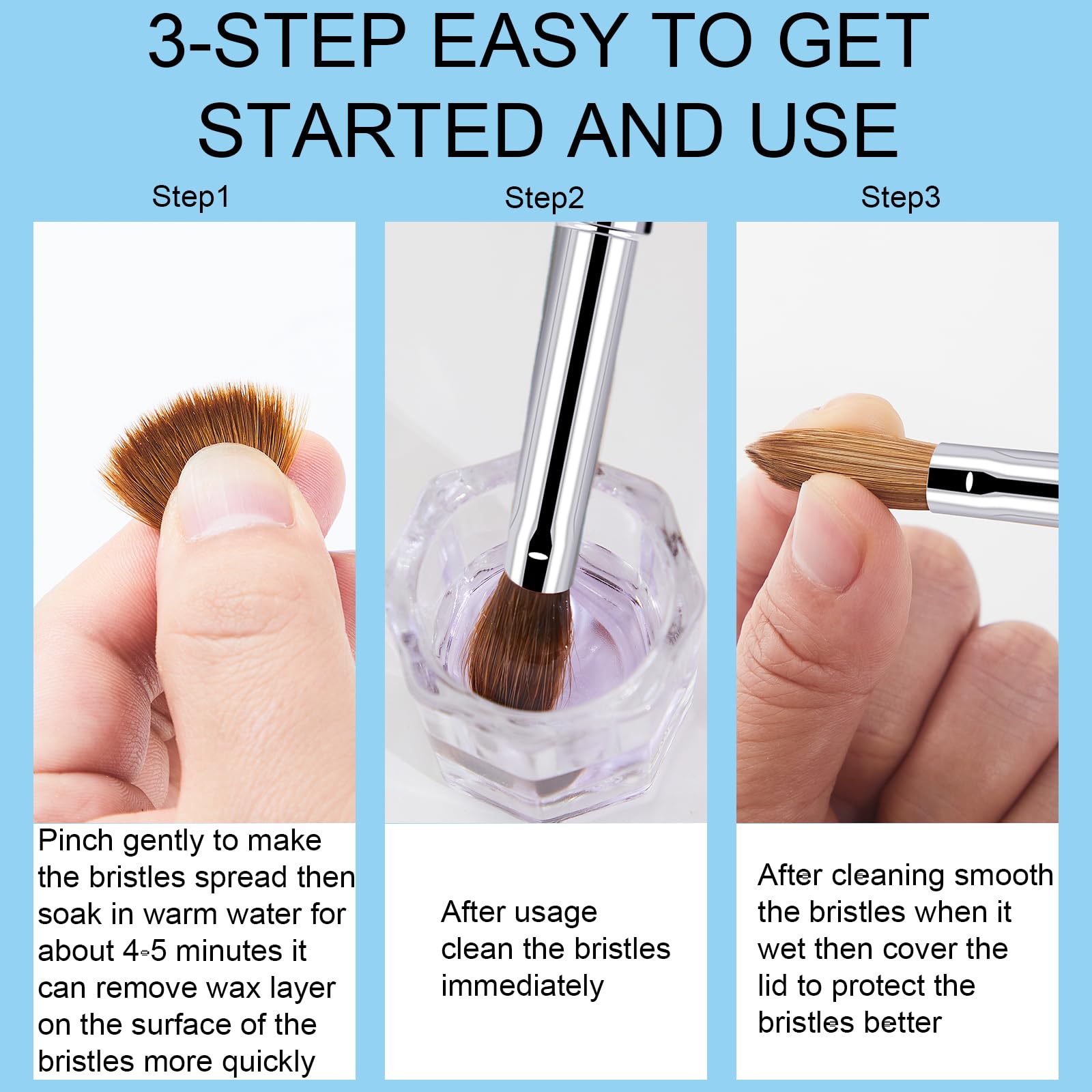 Kolinsky - Juego de 4 pinceles acrílicos para uñas, diseño artístico y pulido, herramientas de manicura para limpieza de uñas para mujer, tamaño 6, 8, 12, 16