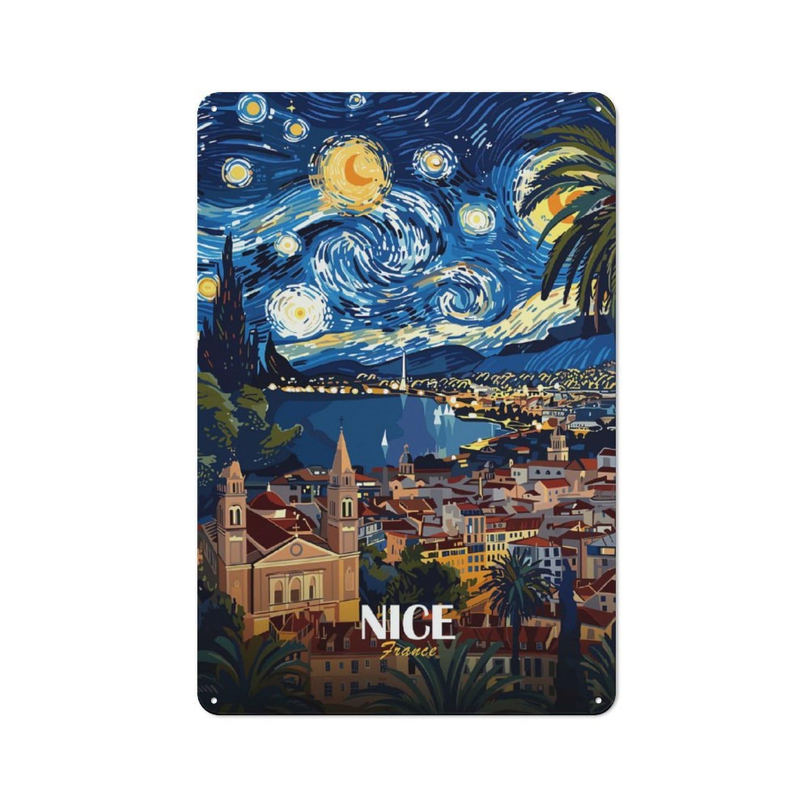 Junmoney Style-23 Tin Wall Plaque 30X20cm With Nice, France, Starry Night Inspired Art For Workshop Wall, With Clear Retro Wall Decor Character