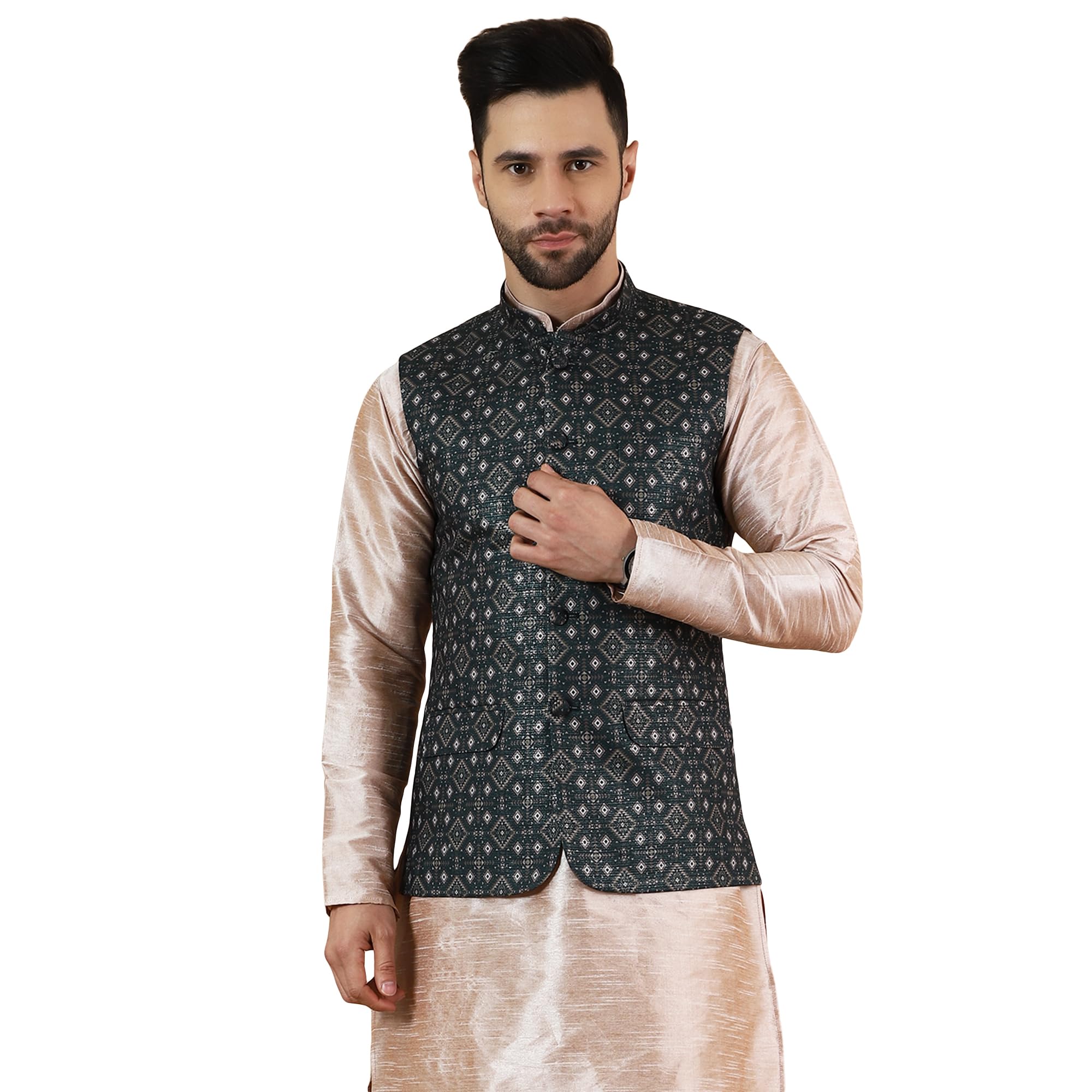 wintage Men's Digital Print Cotton Silk Green Modi Nehru Jacket-picture-13
