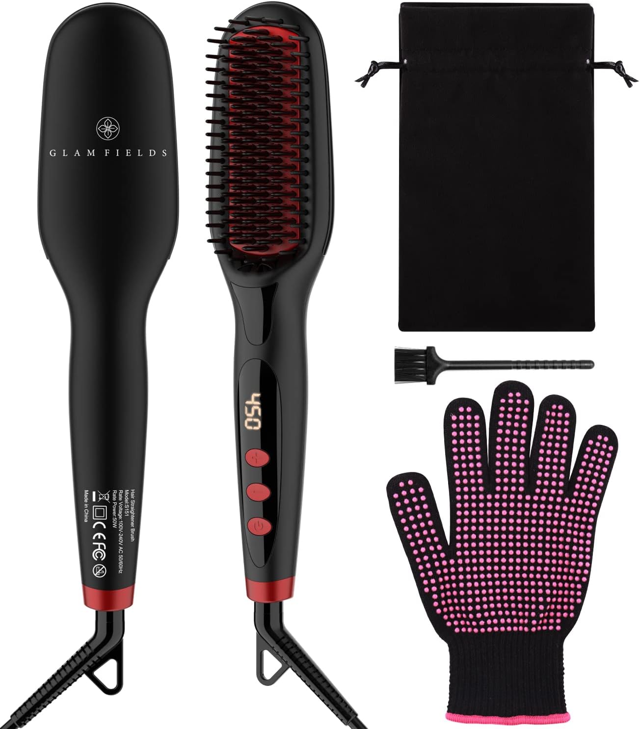 Ionic Hair Straightener Brush Upgrade 2.0,GLAMFIELDS Electrical Heated Hair Straightening with Faster Heating, MCH Ceramic Technology, Auto Temperature Lock, Anti Scald, Heat Resistant Glove(Black-01)
