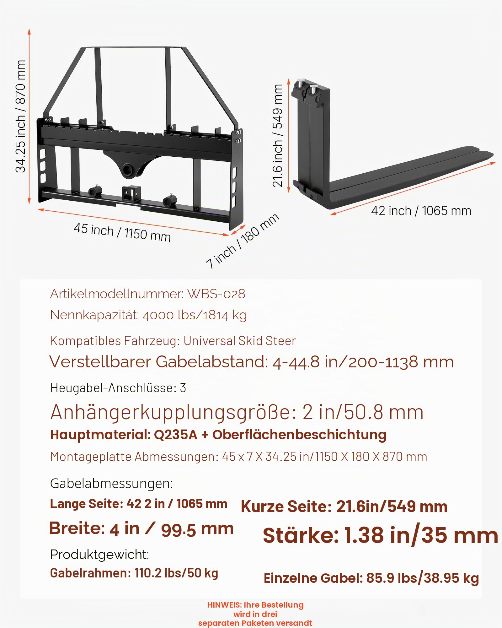 VEVOR Schnellbefestigung 1814 kg, Palettengabelrahmenaufsatz mit 1065 mm Palettengabeln, Gabelstaplerklingen, 50,8 mm Anhängerkupplung & Speerhülsen, passend für Kompaktlader, Traktoren