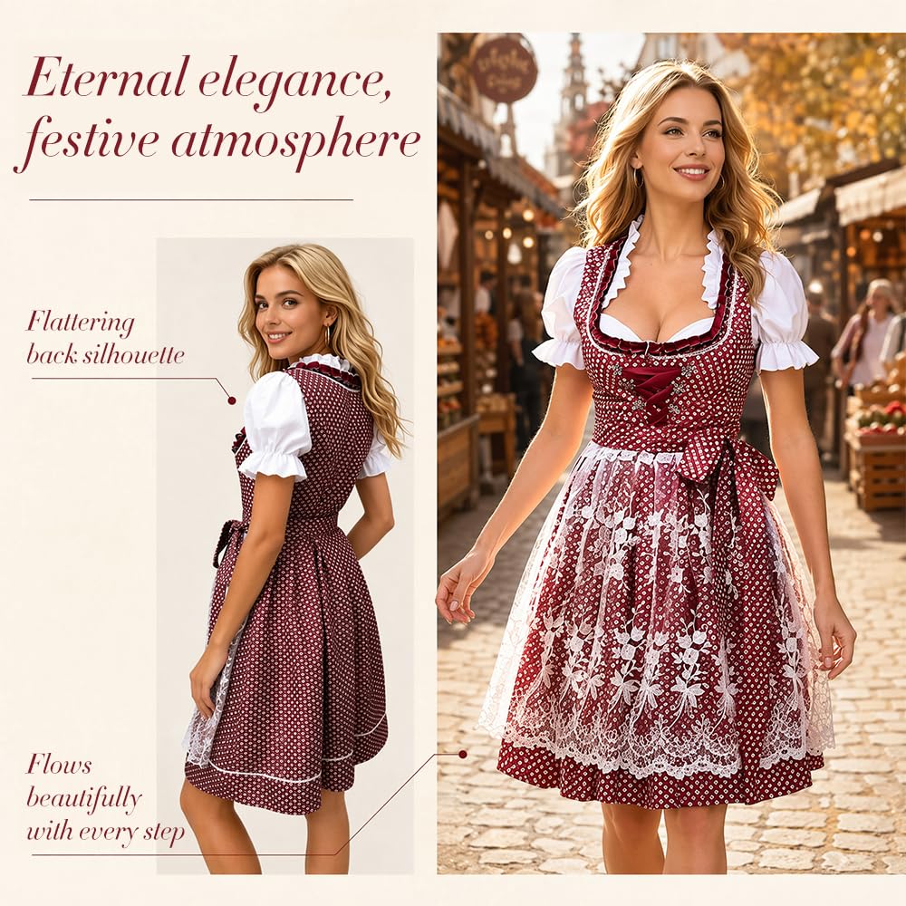 Foreverup Damen midi Trachtenkleid, Tachtenkleid für Oktoberfest, Damen Weinrot Trachtenkleid, Germandress für Oktoberfest mit Trachtenbluse Spitze Midi Rock Schürze für Besondere Anlässe