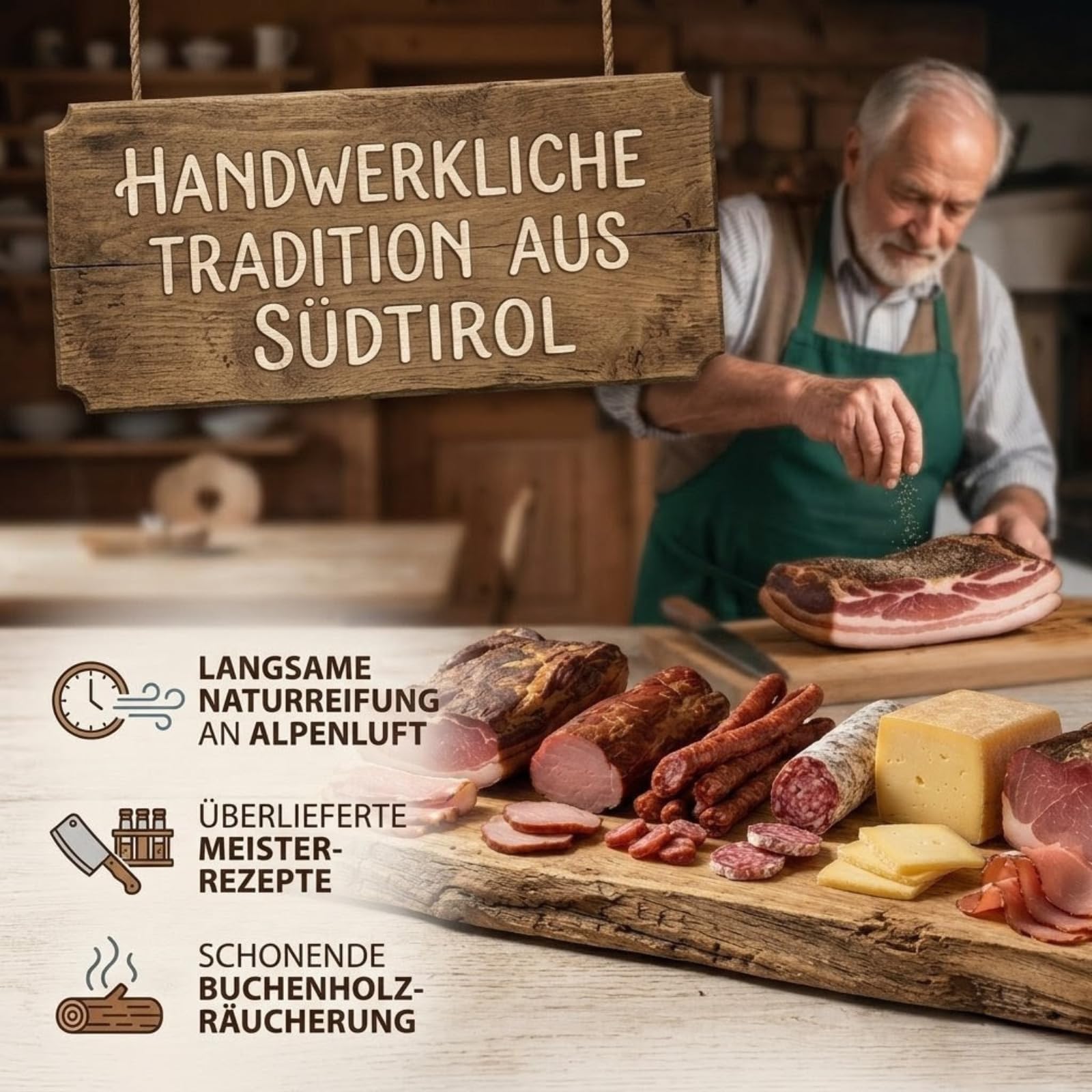 BAVAREGOLA Südtiroler Präsentkorb 6er Marende Alpen Genuss Tiroler Brotzeit Box mit Speck Käse Salami Schinken Kaminwurzen Premium Feinkost Geschenk