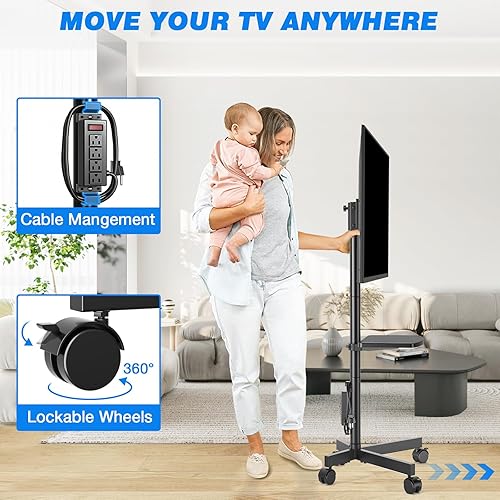 Miniatura 6 de Rfiver Carrito de TV móvil con toma de corriente, soporte de TV rodante para televisores de pantalla plana LCD LED OLED de 23 a 60 pulgadas de