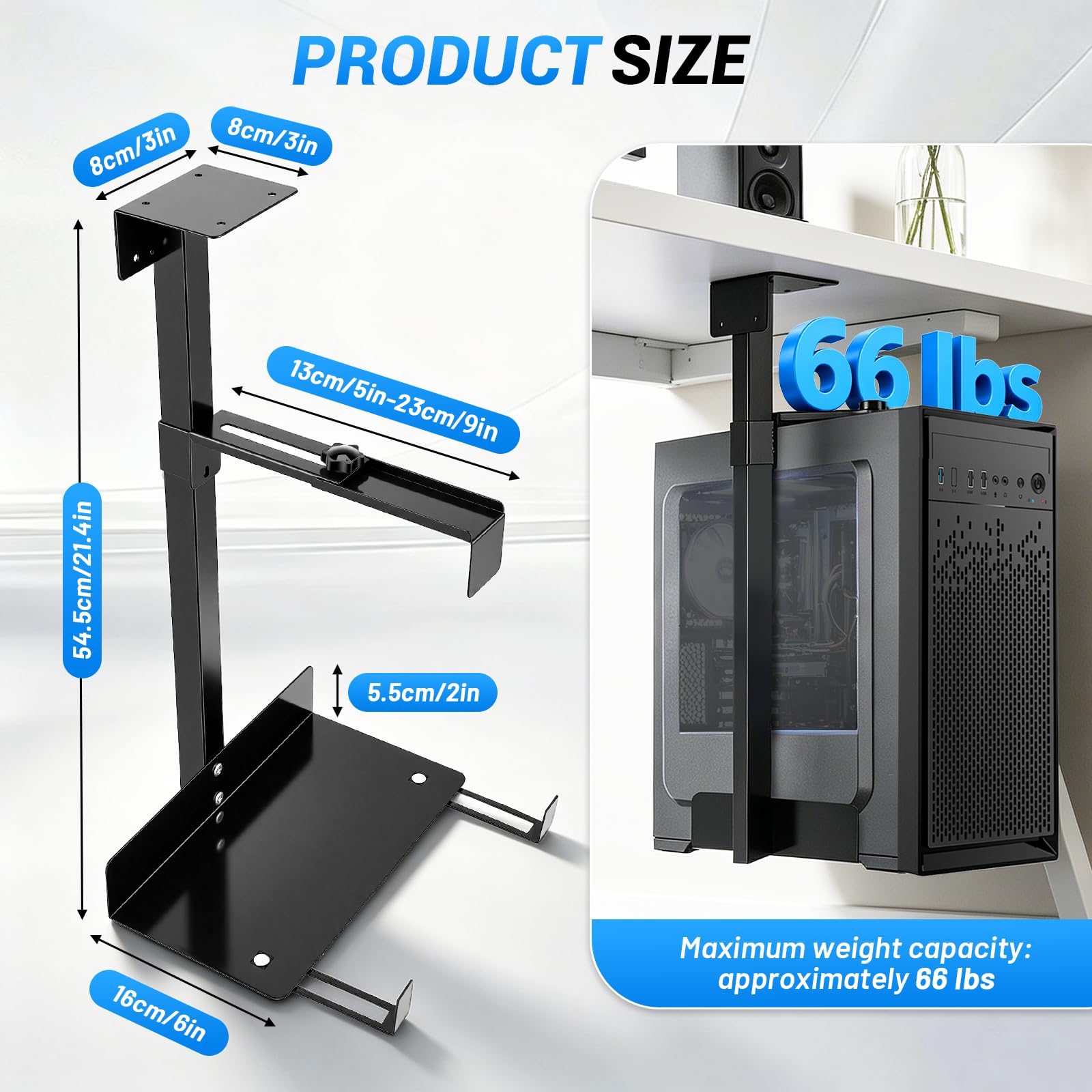 Supporto per PC CPU Regolabile Sotto Scrivania, supporto PC per 30-50 cm, supporto a parete per computer in acciaio al carbonio, supporto PC sotto il tavolo per case del computer, fino a 30 kg