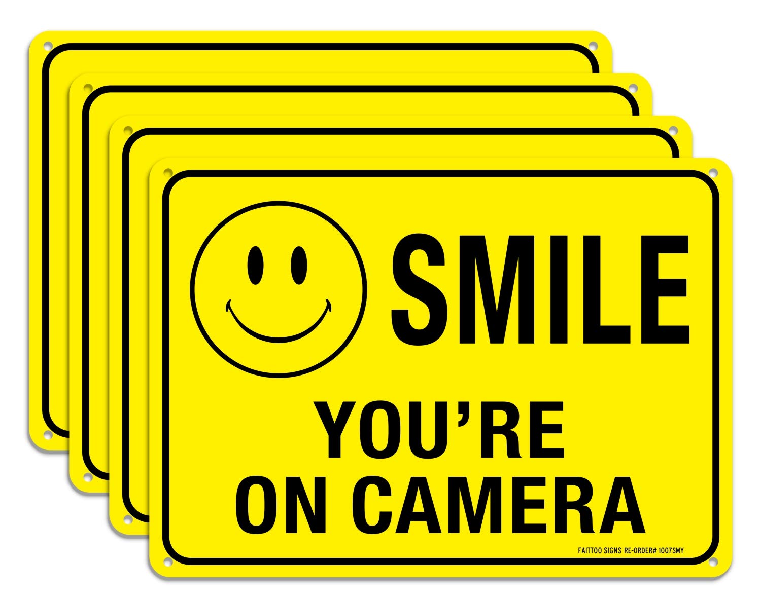 (4-pak) znak Faittoo Smile You're On Camera, odblaskowy 10 x 7 bez rdzy .40 aluminium, ochrona przed promieniowaniem UV, odporny na warunki atmosferyczne, trwały atrament, do użytku wewnątrz i na zewnątrz do domowego biznesu kamery bezpieczeństwa CCTV