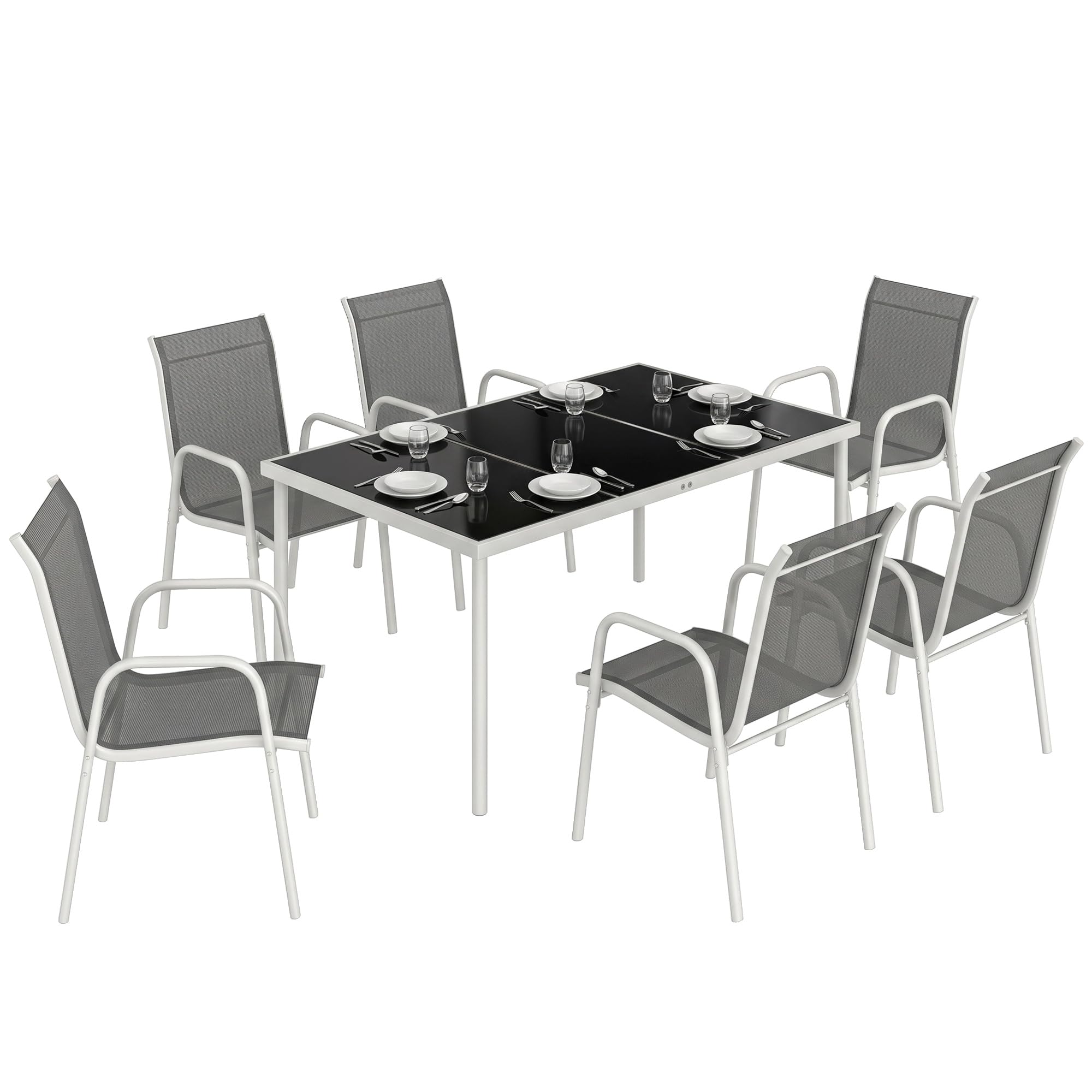 Outsunny Conjunto de Mesa y Sillas Jardín 7 Piezas Blanco y Gris