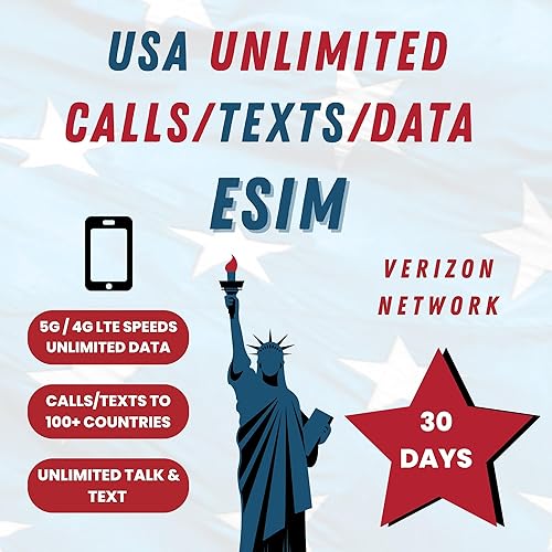 USA Prepaid SIM Card (Verizon Network) | Unlimited 5G/4G Data + Talk & Text in USA | International Calling & Texting to 100+ Countries | Works with Unlocked Phones (eSIM 30Days)