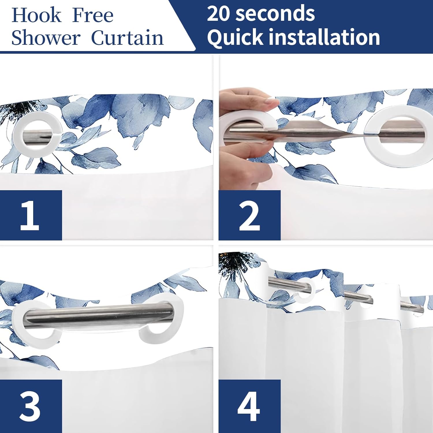 No Hook Shower Curtain with Snap in Liner,Floral Shower Curtain Fabric Waterproof Inner Liner Modern Abstract Navy Blue Flower Bathroom Shower Curtain Set Machine Washable 71 x 74in