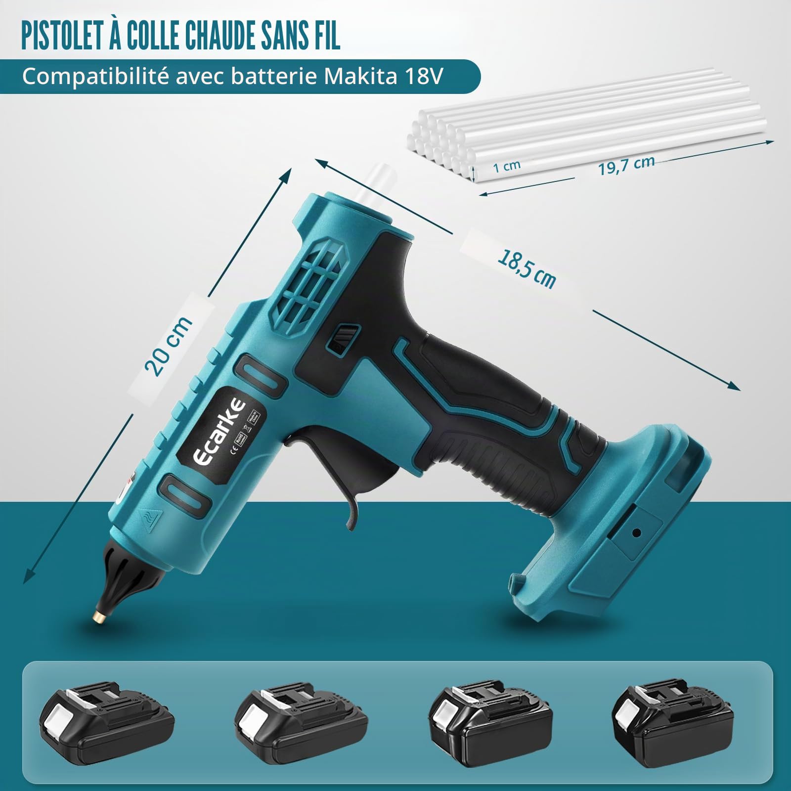 Ecarke Pistolet à Colle Sans Fil Compatible avec Batterie MaKita 18V, Pistolet à Colle Chaude Sans Fil Idéal pour Les Réparations Artisanales (avec 20 Bâtons de Colle de 11 mm)-Outils Uniquement