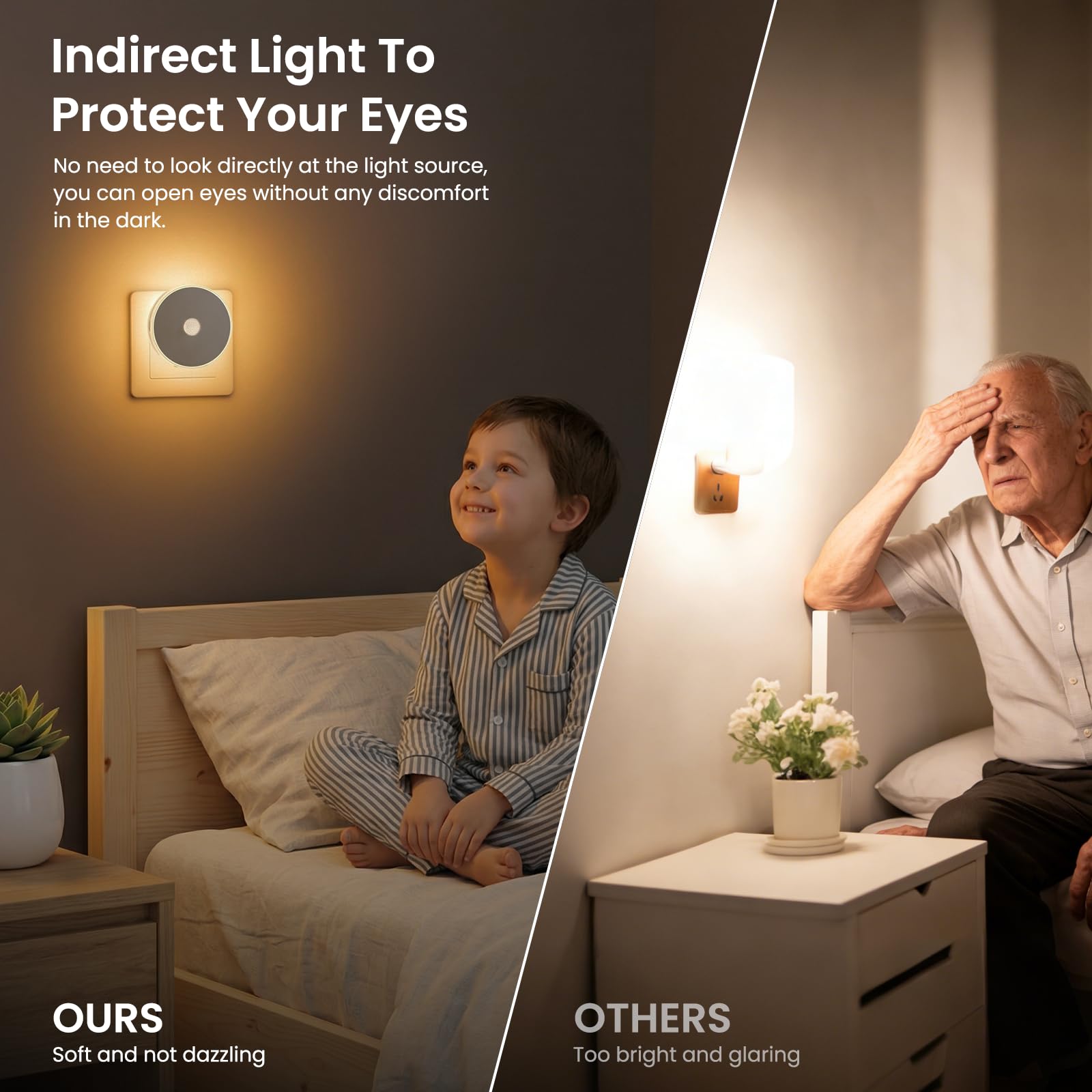 Luz Nocturna Infantil 2 Pcs, Luz LED Nocturna con Sensor de Movimiento, Lámpara de Noche Enchufable Brillo Ajustables, 3 Modos (AUTO/ON/OFF), Luz Noche para Niños/Escaleras/Dormitorio- Blanco Cálido