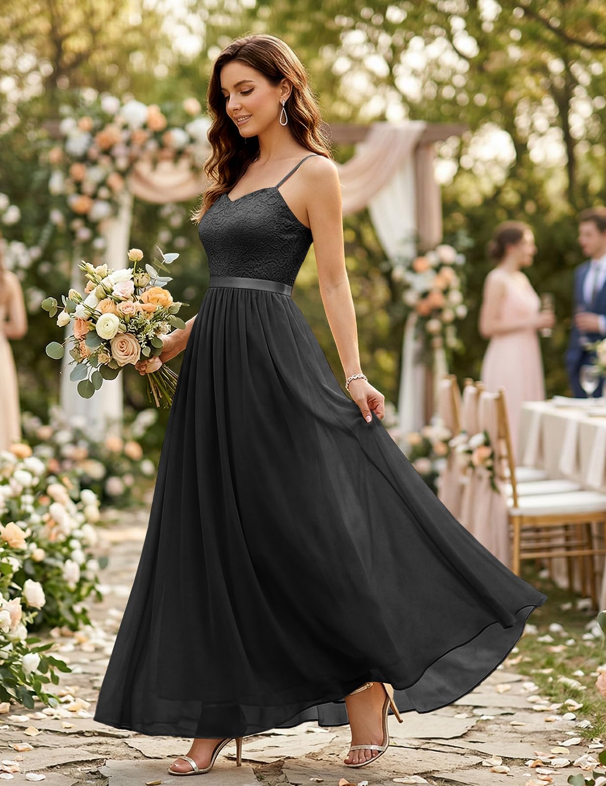 DRESSTELLS Abito formale da donna, lungo, per damigella d'onore, matrimonio, ospiti, modesto, ballo di fine anno, cocktail party