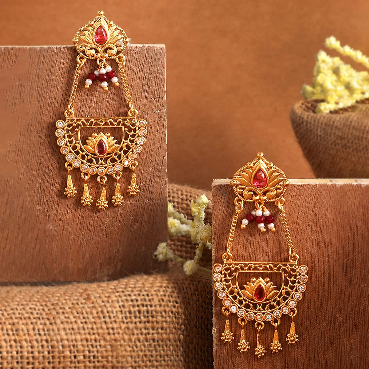 Abharan Red Stones & Pearls Ethnic Drop Earrings