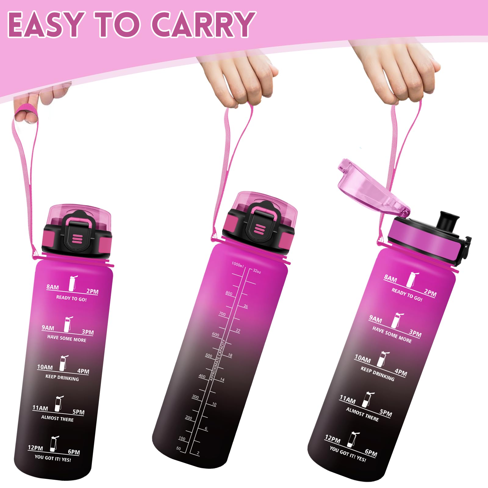 Motswedi Borraccia 1 litro,Riutilizzabile, Borraccia Motivazionale, a Prova di Perdite, Bottiglia Acqua, Senza BPA, Borracce, per Sport, Ufficio, Ciclismo, Palestra, Viola&Nero