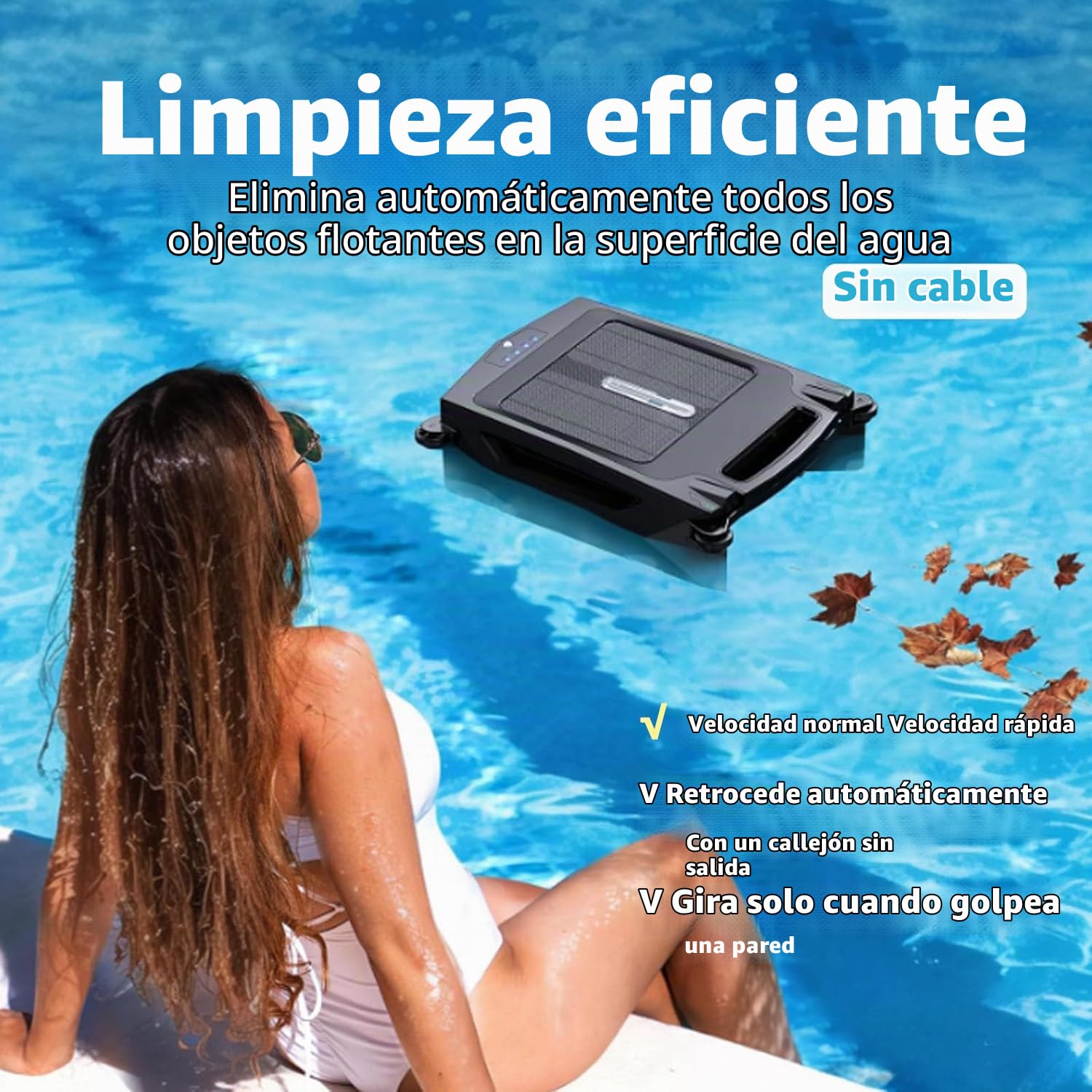 Skimmer Solar para Piscinas, Limpieza 24/7, Dos Modos de Carga, Inteligente para Evitar ObstáCulos, Ideal para Todo Tipo de Piscinas