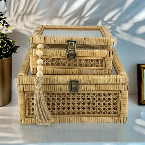 Miniatura 6 de HUAXIN CRAFT H Caja cuadrada de ratán con tapa, juego de 2 cubos decorativos de mimbre con cubierta de vidrio para exhibir