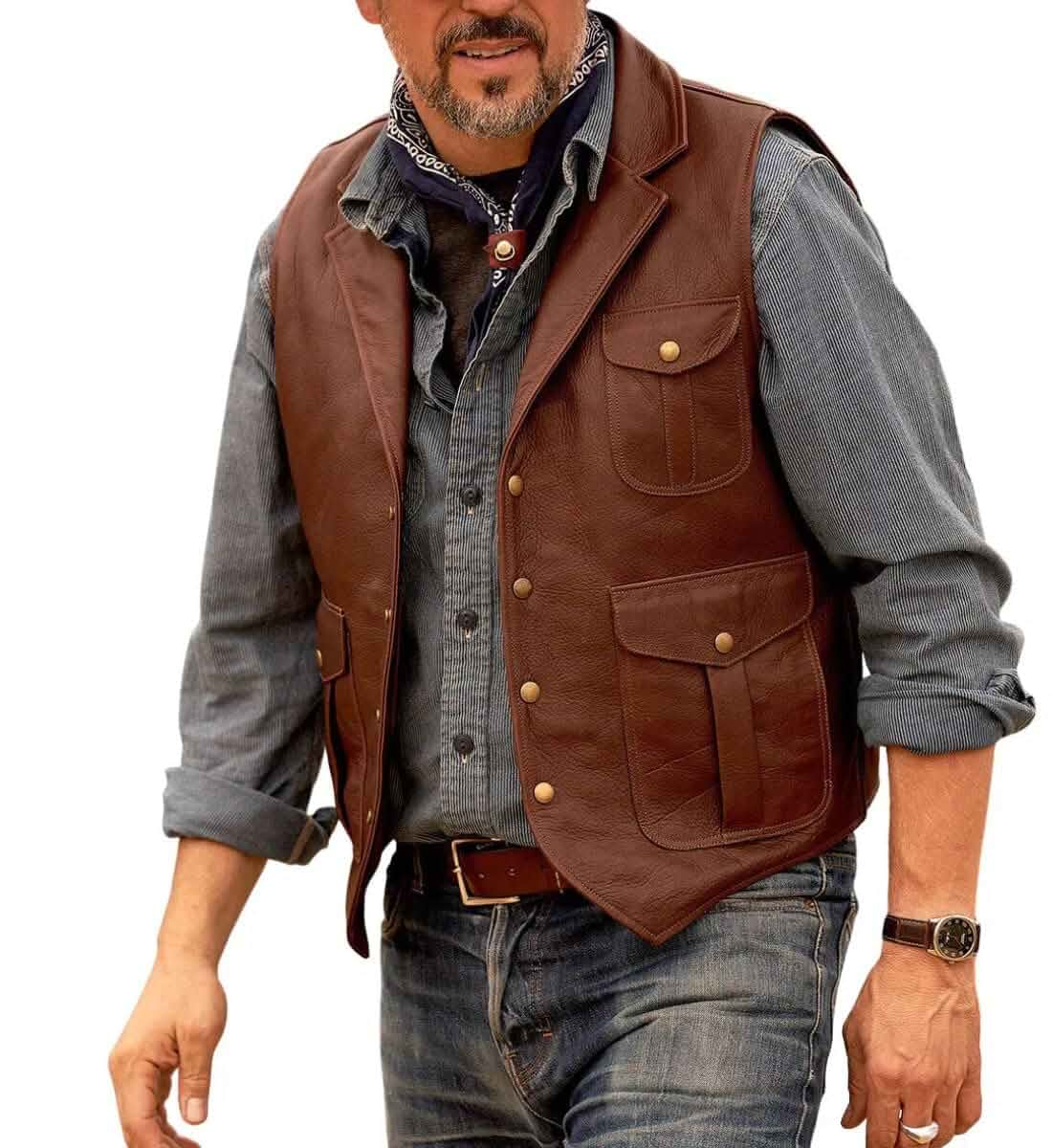 GOKTOG Men Genuine Cowhide Leather Brown Vintage Waistcoat, Western Sleeveless Vest Cowhide