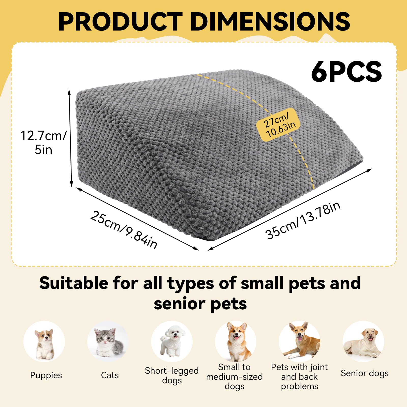 Escalones para perros para cama, sofá, juego de 6 piezas, escaleras para perros de 5 pulgadas cada una escalera para mascotas, rampa curvada gris para gatos, antideslizante, extraíble