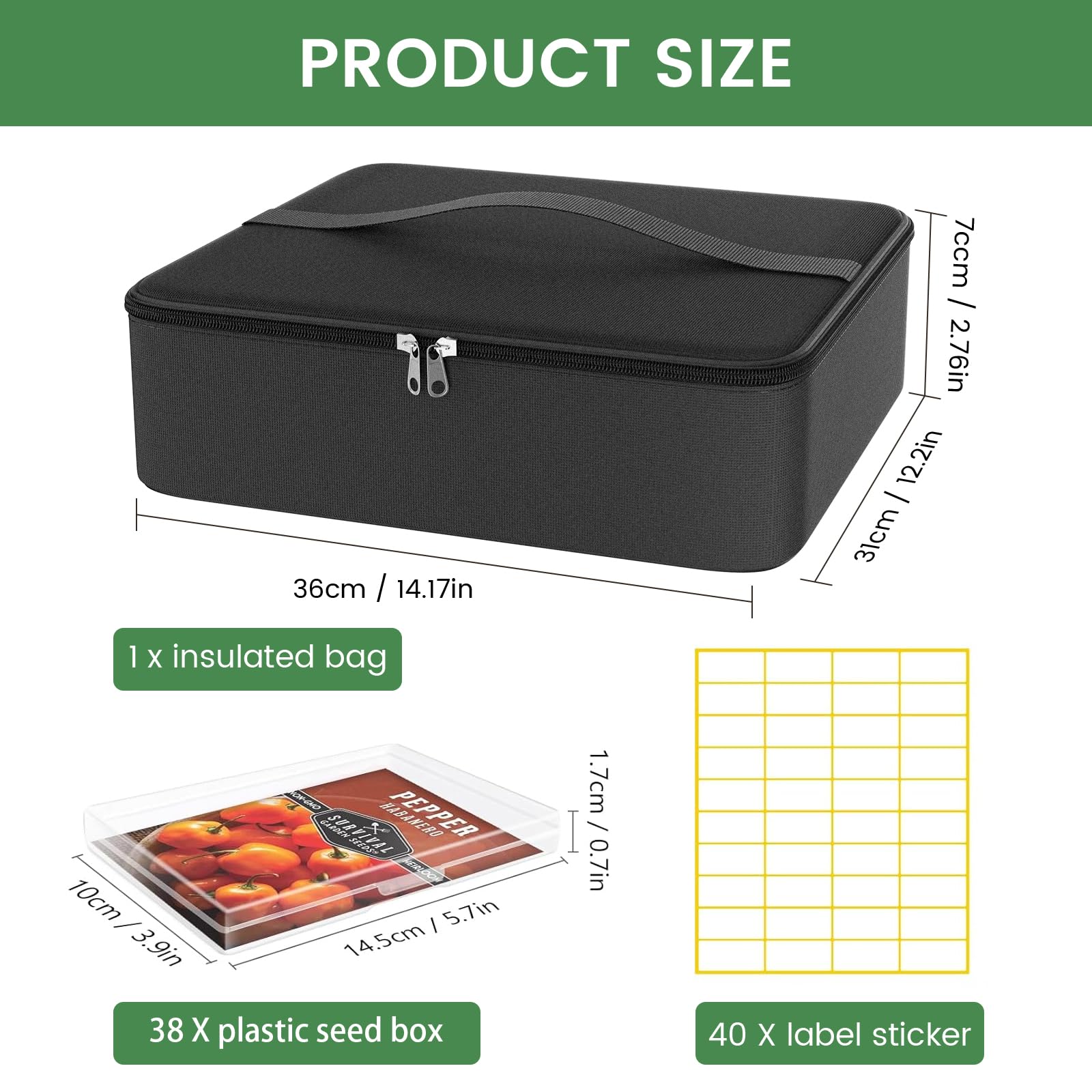 Aufbewahrungsbox für Samen mit 38 Fächern und isolierter Tasche für 80–200 Samenumschläge, Oxford-Stoff, Garten-Samenbehälter mit Etiketten, Samenpaket-Organizer für Pflanzen, Blumen, Gemüsesamen