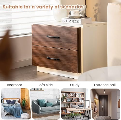 Miniatura 7 de Giantex Mesita de noche moderna con 2 cajones mesita de noche rústica de madera de nogal con diseño único en forma de L blanco mesa auxiliar