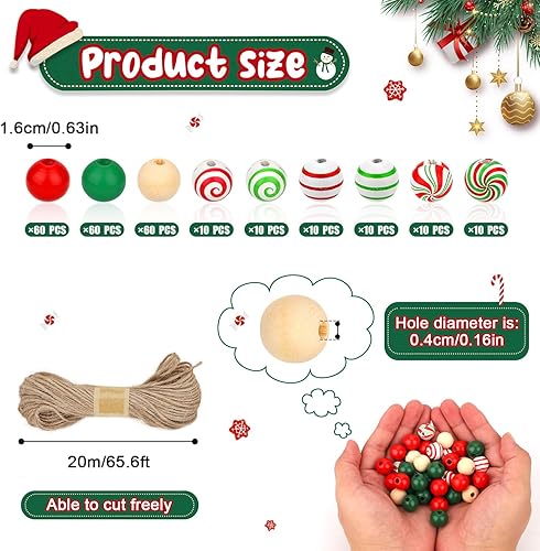 Miniatura 2 de 240 cuentas de madera de Navidad para manualidades, cuentas de madera coloridas de 0.63 pulgadas con cuerda de cáñamo de 65.6 ft, redonda de madera