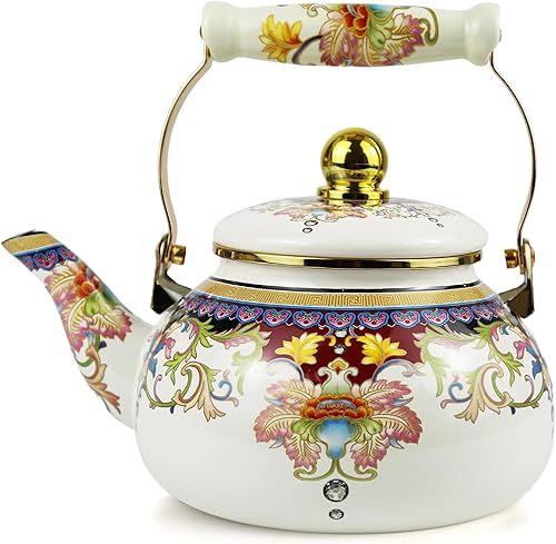 Miniatura 1 de Hervidor de té esmaltado floral de 2.5 litros con mango de cerámica, tetera para estufa, sin plomo, sin silbato, regalo ideal para los amantes del
