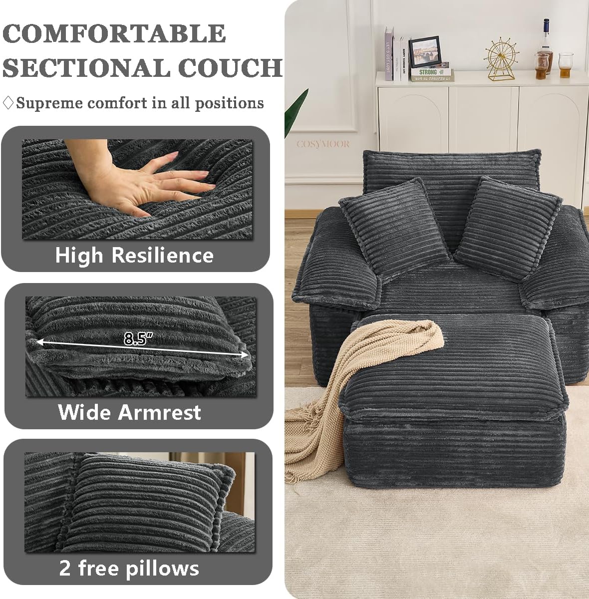Corduroy Sofa Set with Ottoman, Chaise Lounge Chair Indoor, 47" Modern Single Boneless Cloud Sofa Memory Foam Couch Deep Seat with Pillow Cushion for Living Room, No Assembly Required(Grey)