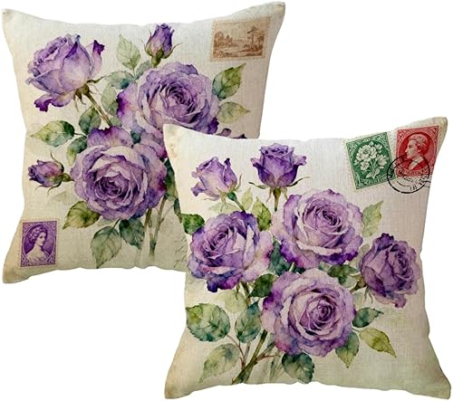 Miniatura 7 de ULOVE LOVE YOURSELF Paquete de 2 fundas de almohada retro con diseño de flores y peonías decorativas para el hogar, fundas de cojín cuadradas Flores