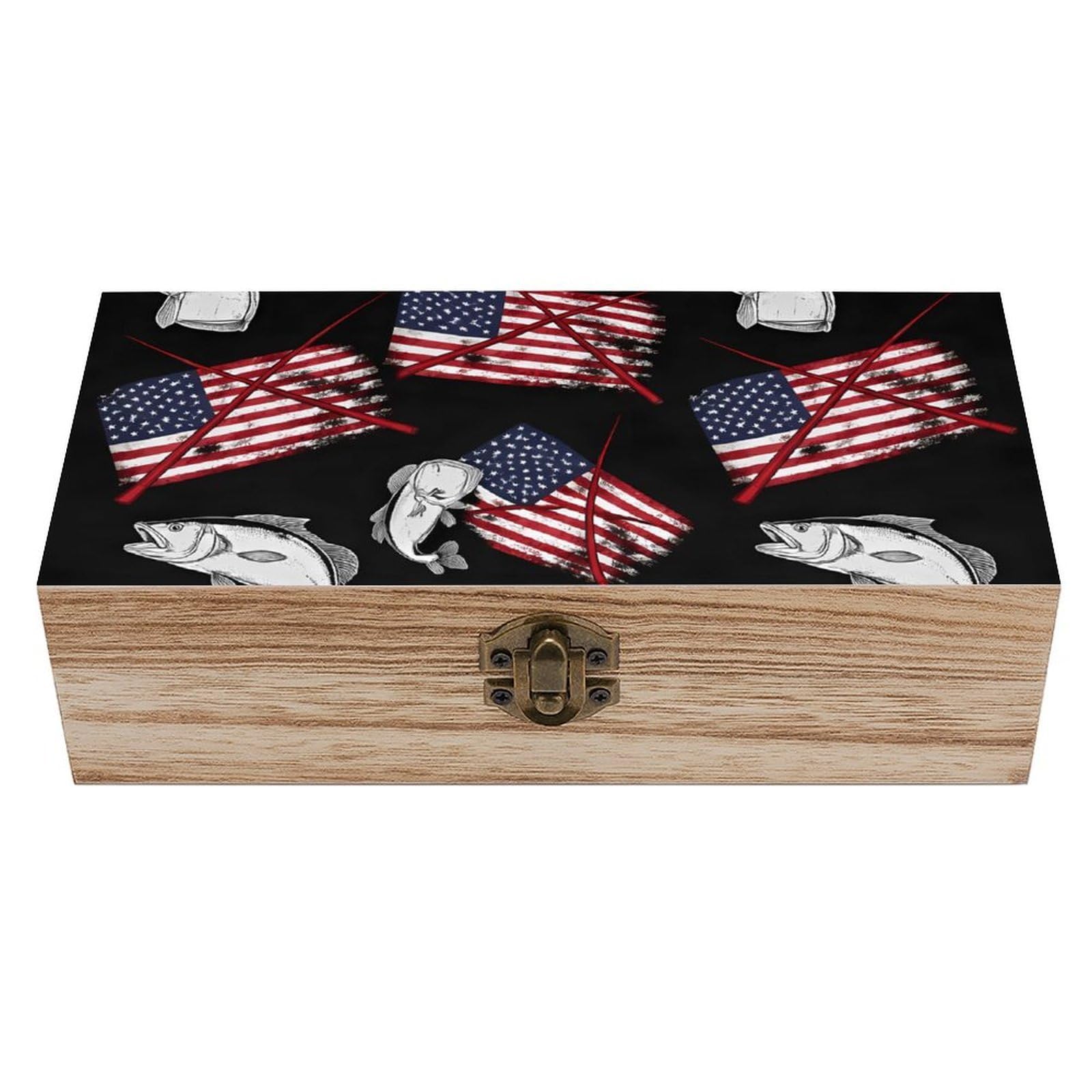 HLBSDM Bass Fish Fishing Lure American Flag Wooden Storage Box