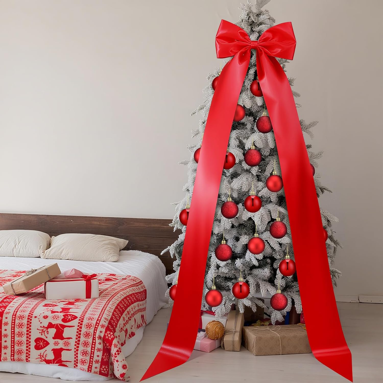 25 pcs Christmas Ornaments Set Extra Large Tree Topper Bow 118 x 28 Inch Toppers Satin Bows Red Christmas Balls for Xmas Tree Party Holiday Decor Supplies