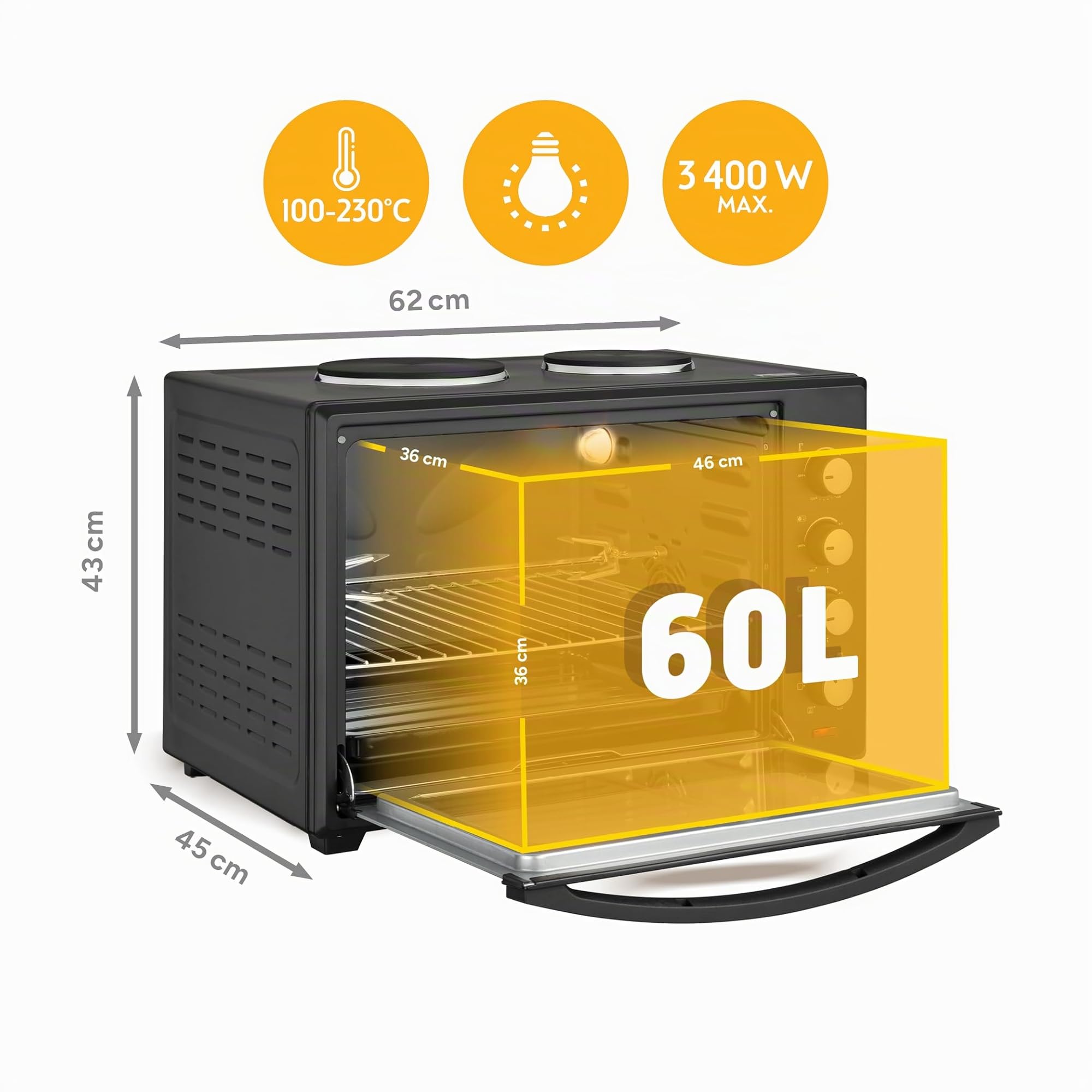 TZS First Austria - Minibackofen mit Kochplatten 60L 3200 W - Mini Backofen Pizzaofen mit Herdplatten bis 230°C & 6 Heizmodi - Miniofen Kombigerät mit 4 Einschubhöhen & hochwertigem Zubehör