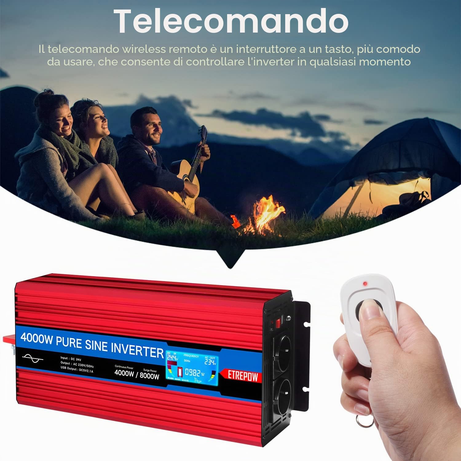4000W Inverter 24v 220v Onda Sinusoidale Pura | Trasformatore con 2 Prese EU e una USB, Telecomando Senza Fili e Display LCD - Picco 8000W