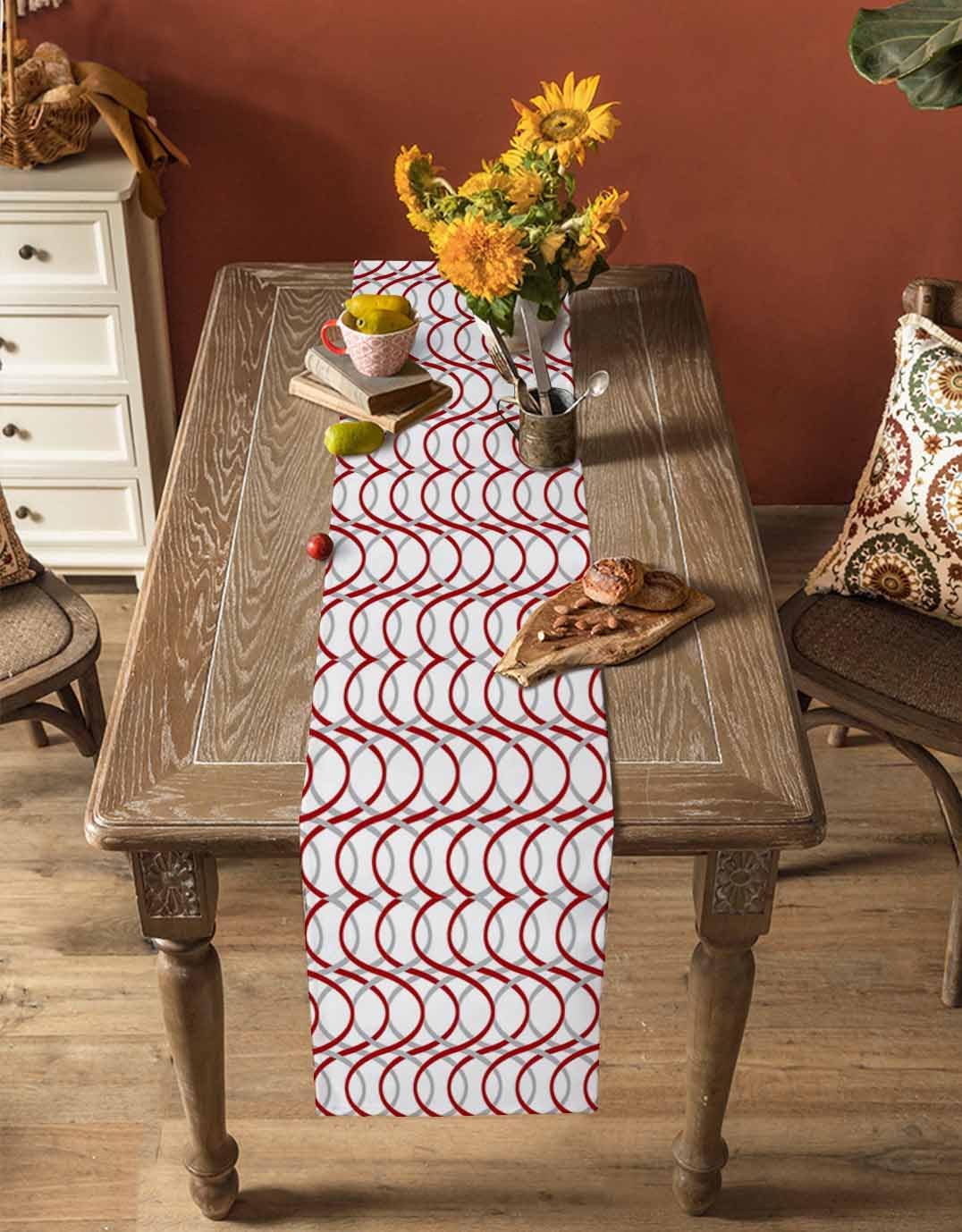 Abstract Gray Red Table Runner 90 Inches Long for Dining Table, Cotton Linen Farmhouse Table Runner Washable Coffee Table Runners Dresser Scarf for Kitchen Party Holiday Modern Geometric Nordic Style