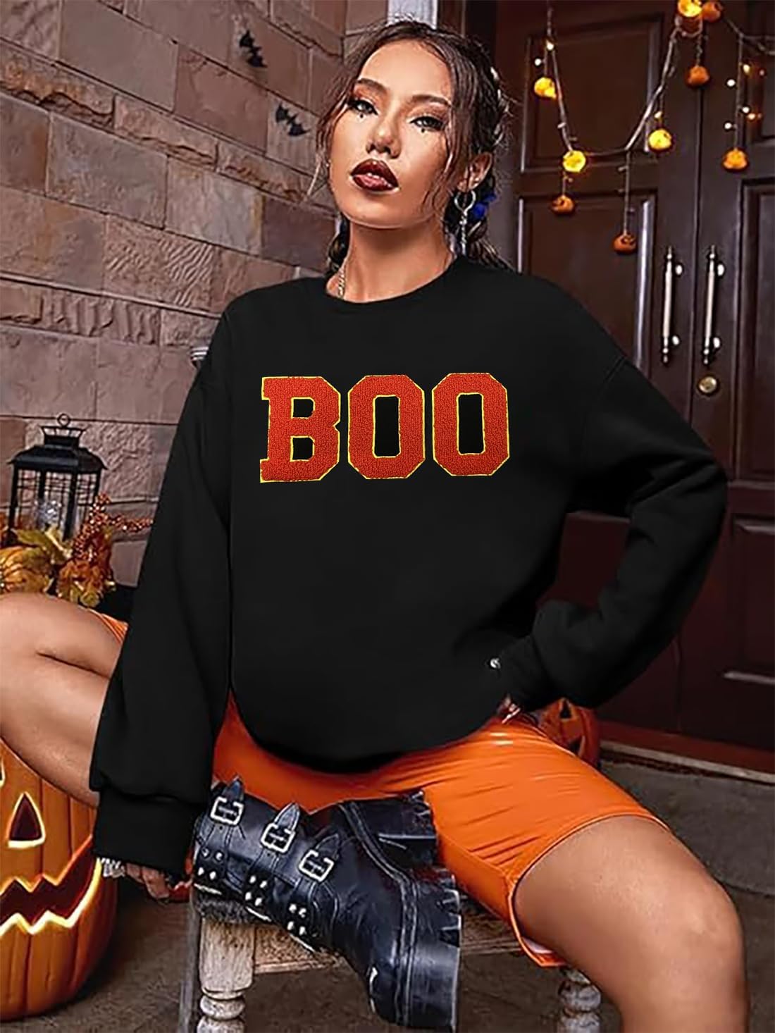 Halloween BOO Sweatshirt Women Ghost Chenille Patch Sweatshirts Spooky Season Fall Embroidered Pullover Top - Image 4