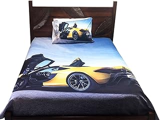 Aha Essentials Kids Sports Car Bed Sheet Race Car Twin Bedding Sets Pack of 4 Includes 1 Fitted Sheet, 1 Flat Sheet & Pillowcase Set, Long Lasting, Ultra Absorbent 3D Polyester Bedding (Twin)
