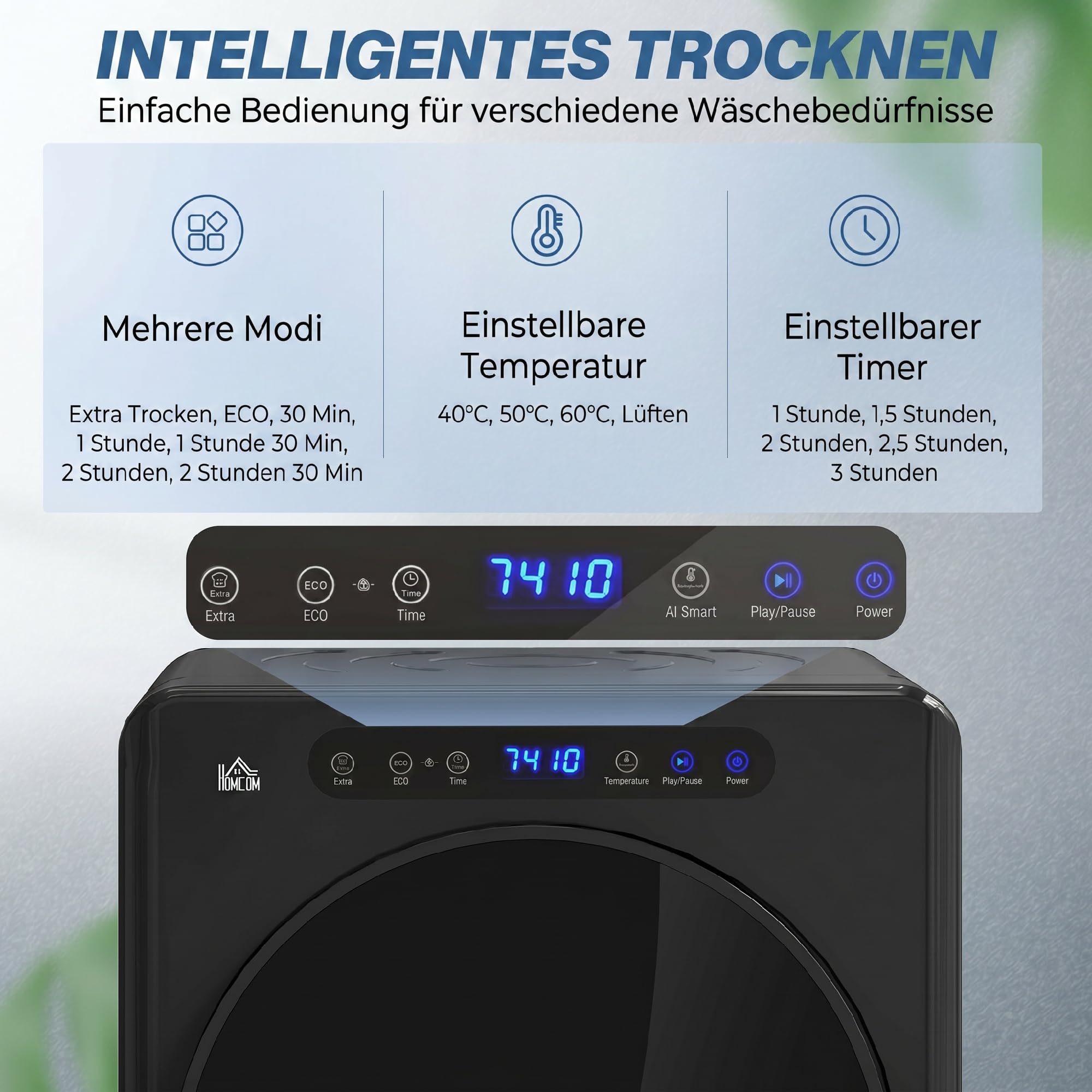 HOMCOM Mini asciugatrice da 3 kg con disinfezione, 6 programmi, 1000 W, con touch screen a 3 temperature e timer, per camper, casa, nero