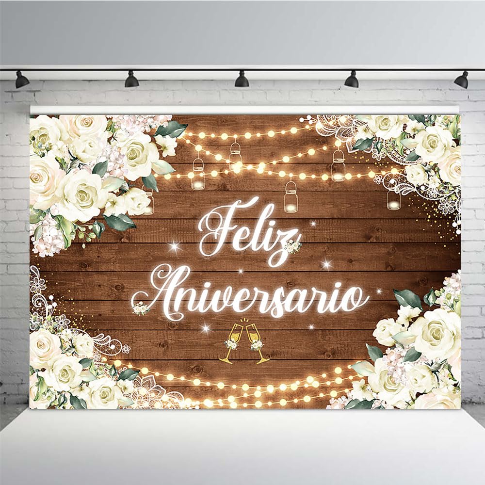 MEHOFOND 7x5ft Feliz Aniversario Backdrop Bohemia Mr and Mrs Happy Anniversary Wedding Valentines Wooden Background Engagement Party Banner