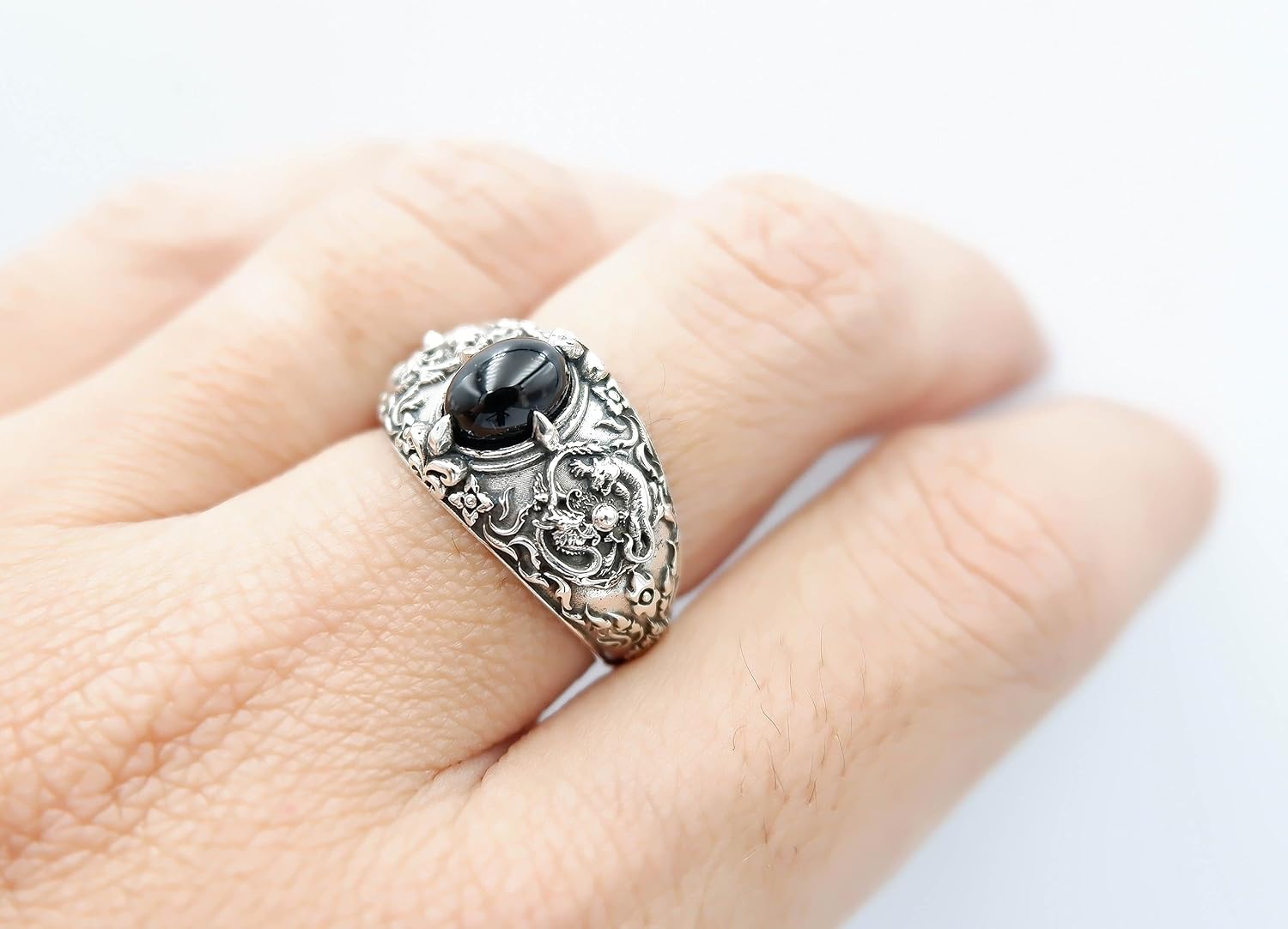 925 Sterling Silver Onyx Dragon Tiger Ring Fashion Animal Jewelry Size 6-15