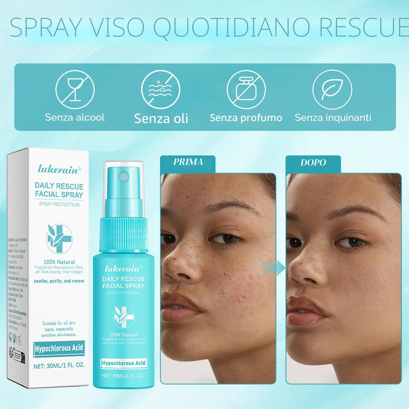 3 Piezas Acido ipocloroso Spray,Spray per viso, sicuro sulla pelle, adatto per cuoio capelluto secco e post-operatorio. Idrata e protegge la tua pelle