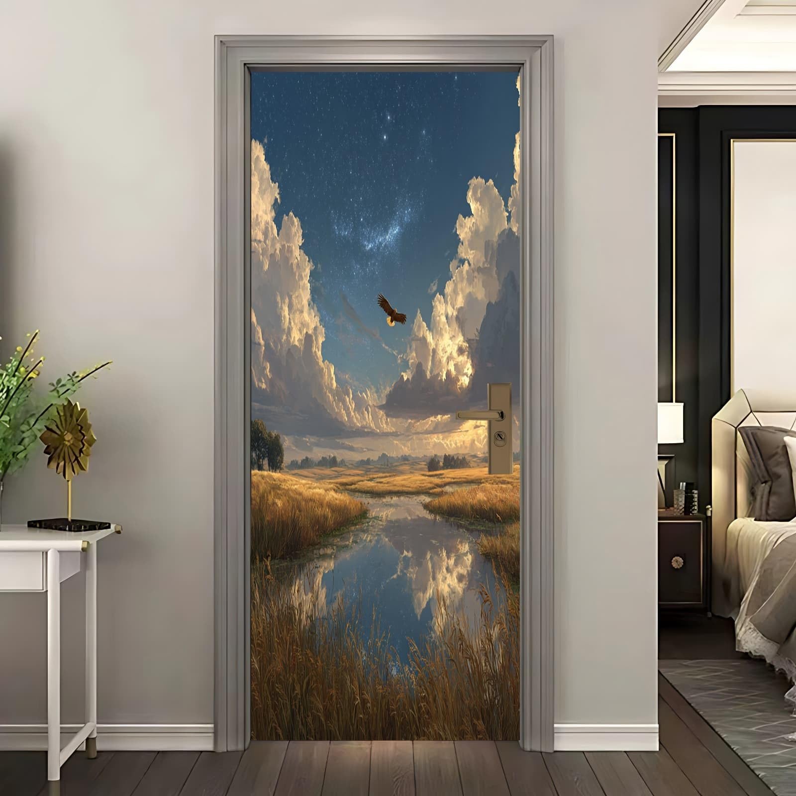 Sticker porte effet 3D lac pour créer une ambiance nature relaxante dans votre salon