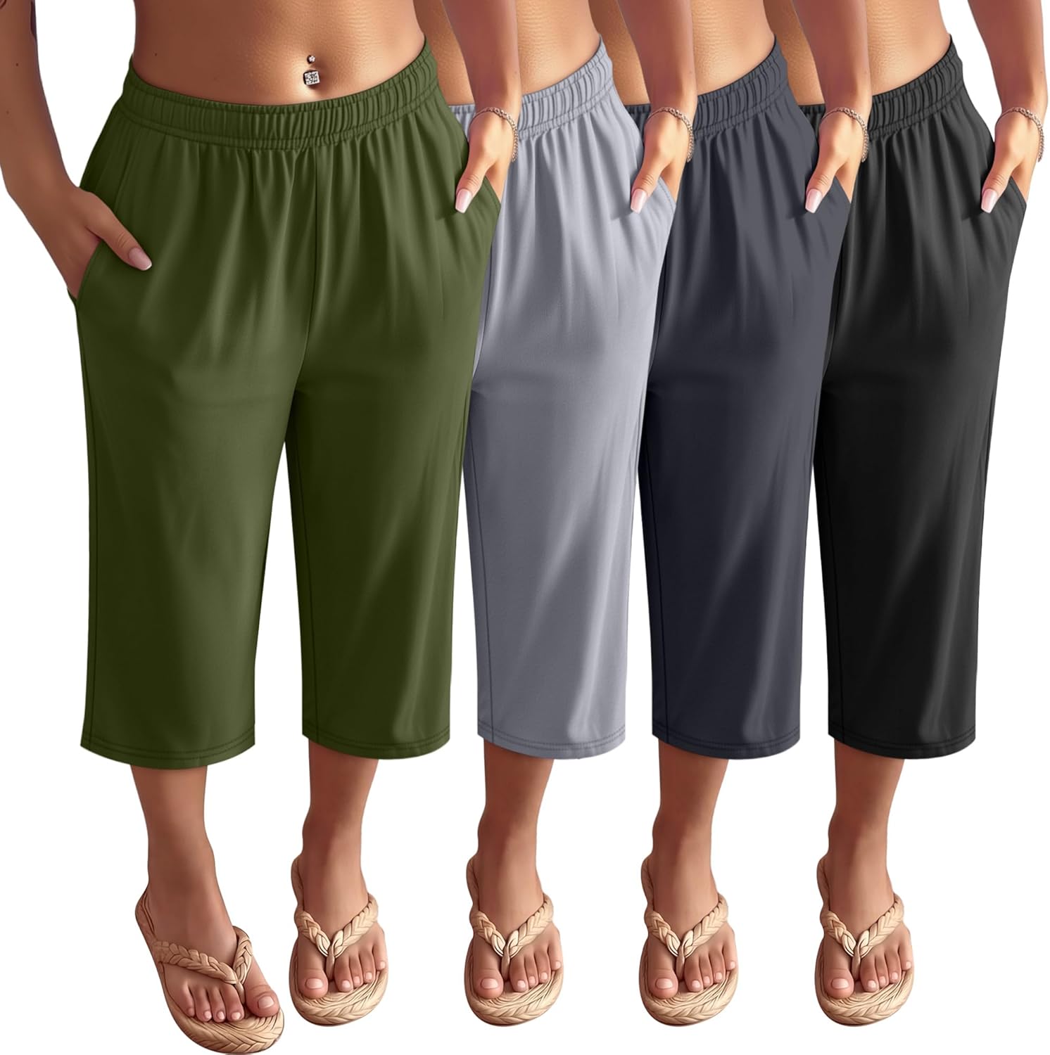 4 Pack Women's Capri Pants Wide Leg Yoga Sweatpants Lounge Loose Fit Cropped Joggers with Pockets