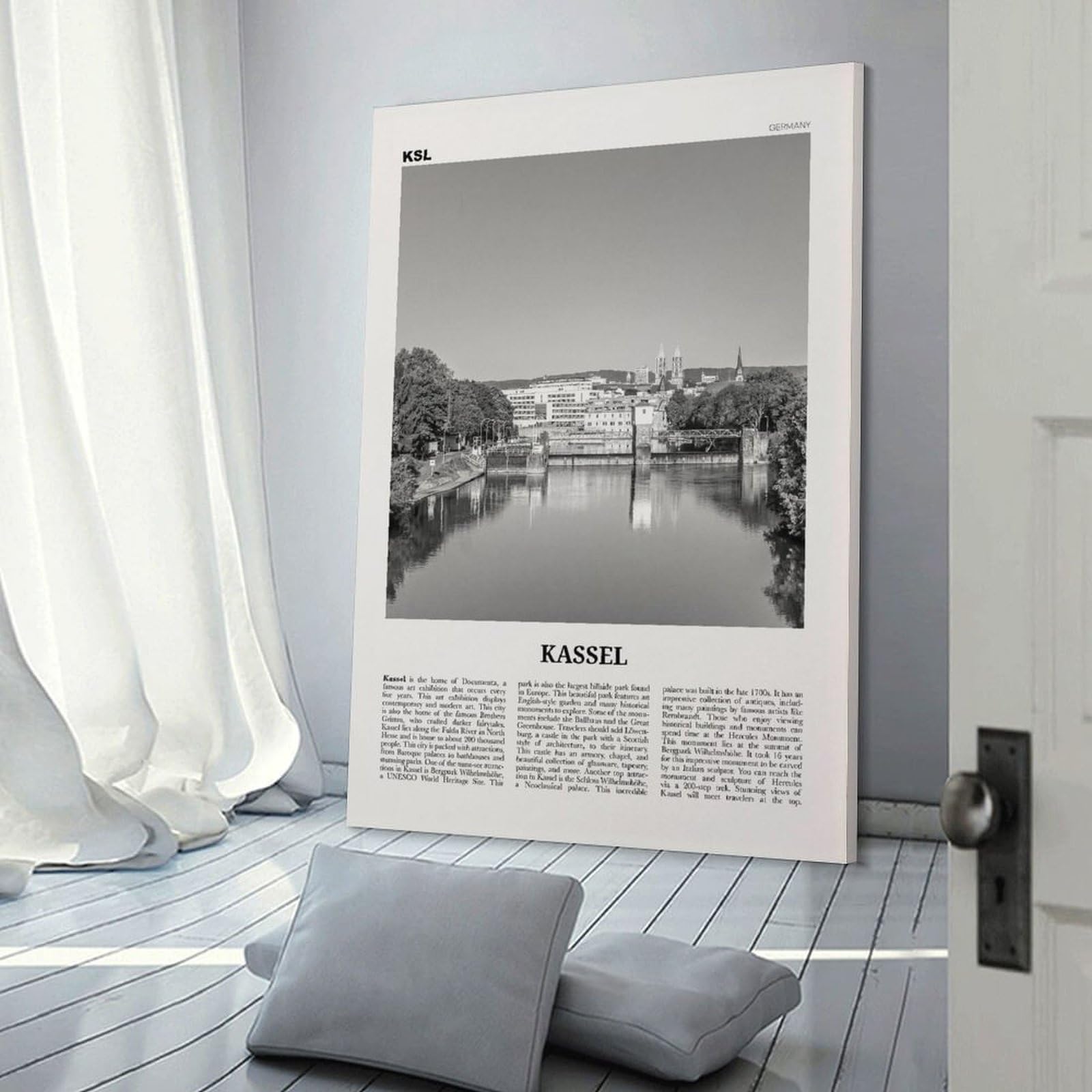 LZTEN Kassel-Druck, Schwarz-Weiß, Kassel-Wandkunst, Kassel-Poster, Kassel-Foto, Kassel-Wanddekoration, Kassel-Karte, Deutschland-Leinwand-Kunst-Poster, gerahmt, 40,6 x 61 cm