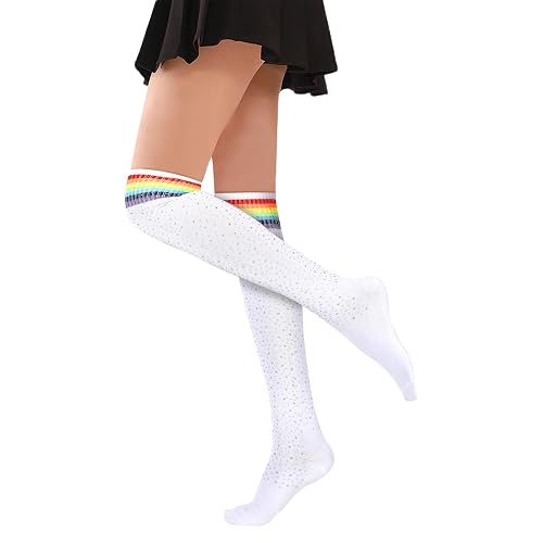 Violet Mist Women Rhinestone Over Knee High Socks Glitter Striped Thigh High Socks Sexy Sparkle Stockings Long Casual Sock - Rainbow Striped White Thigh High