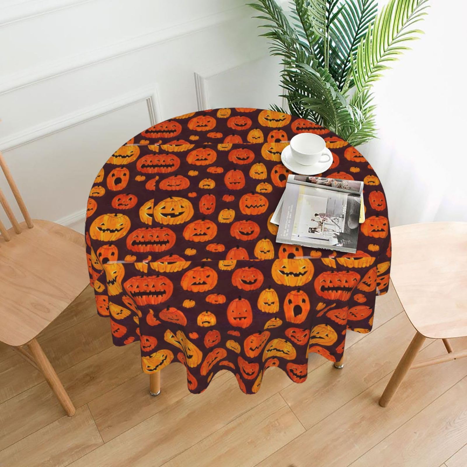 Nbtghga Halloween Pumpkin Print Tablecloth Round Border Table Cloth Cover Decorative For Party Holiday Dinning Tabletop Home