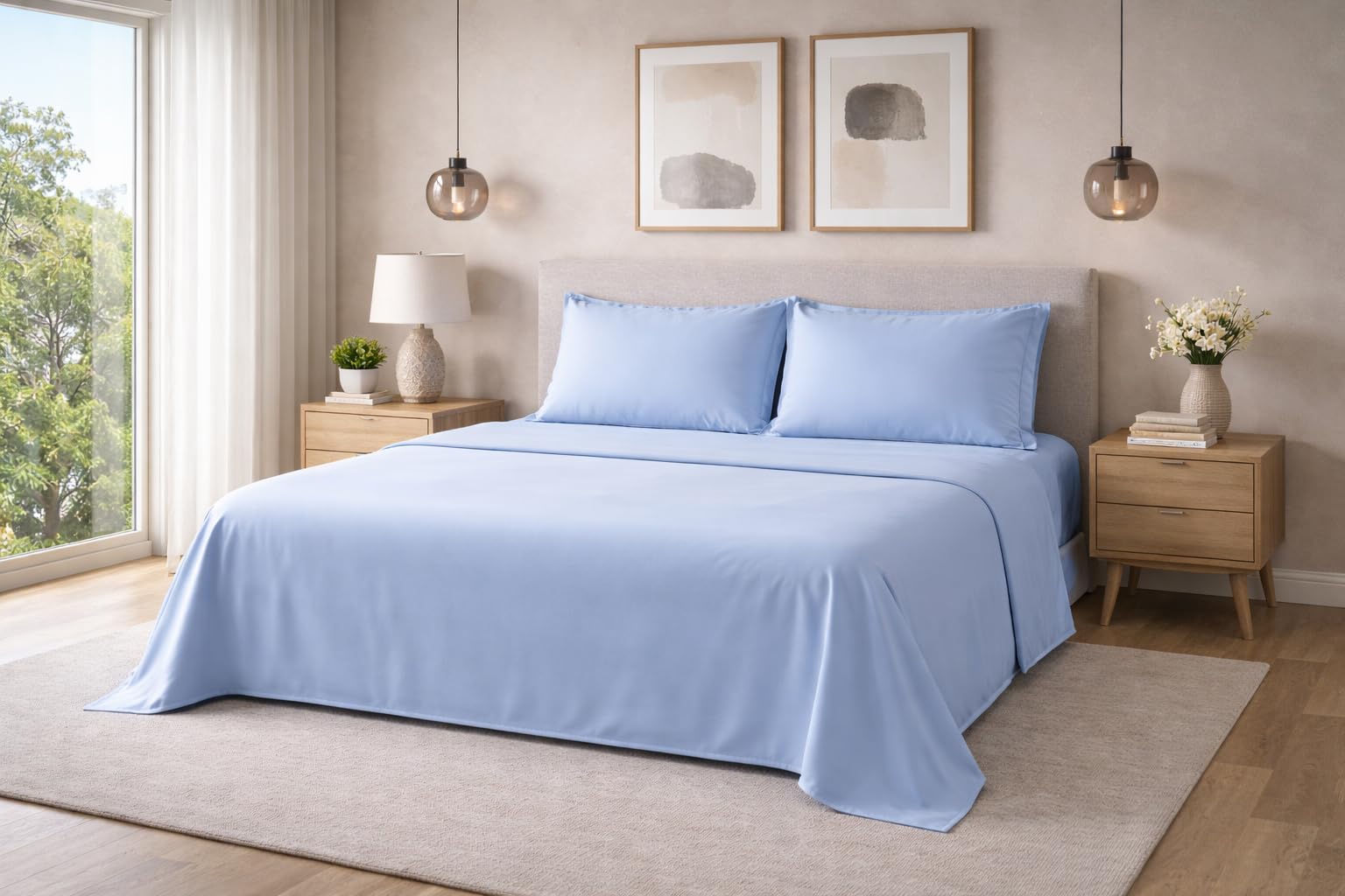 zer0bed, Juego de sábanas de Matrimonio de Raso de algodón Liso, Azul Cielo, 100% satén de algodón, sábana encimera, sábana Bajera Ajustable, par de Fundas de Almohada con 4 Volantes